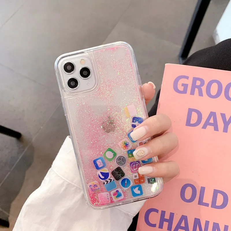 Dynamic Quicksand Cover For iPhone 11 12 Pro Max Liquid Hard Phone Shell For iPhone 6 7 8 Plus X XR XS Cute apps icon Case Capa