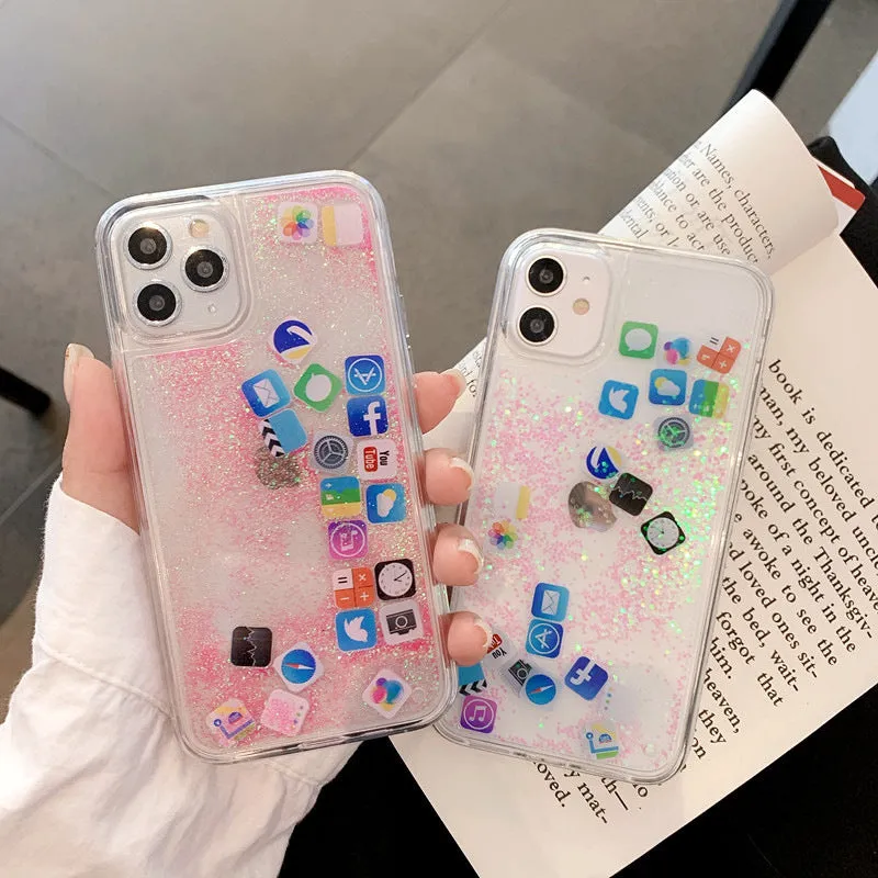 Dynamic Quicksand Cover For iPhone 11 12 Pro Max Liquid Hard Phone Shell For iPhone 6 7 8 Plus X XR XS Cute apps icon Case Capa