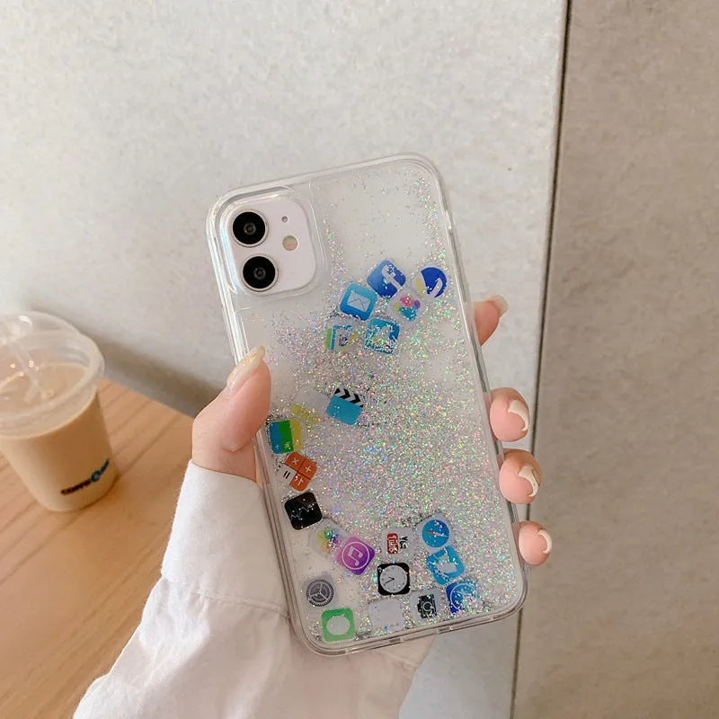 Dynamic Quicksand Cover For iPhone 11 12 Pro Max Liquid Hard Phone Shell For iPhone 6 7 8 Plus X XR XS Cute apps icon Case Capa