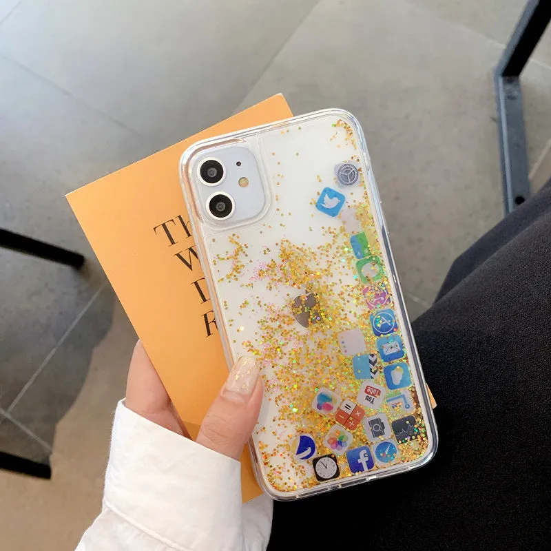 Dynamic Quicksand Cover For iPhone 11 12 Pro Max Liquid Hard Phone Shell For iPhone 6 7 8 Plus X XR XS Cute apps icon Case Capa