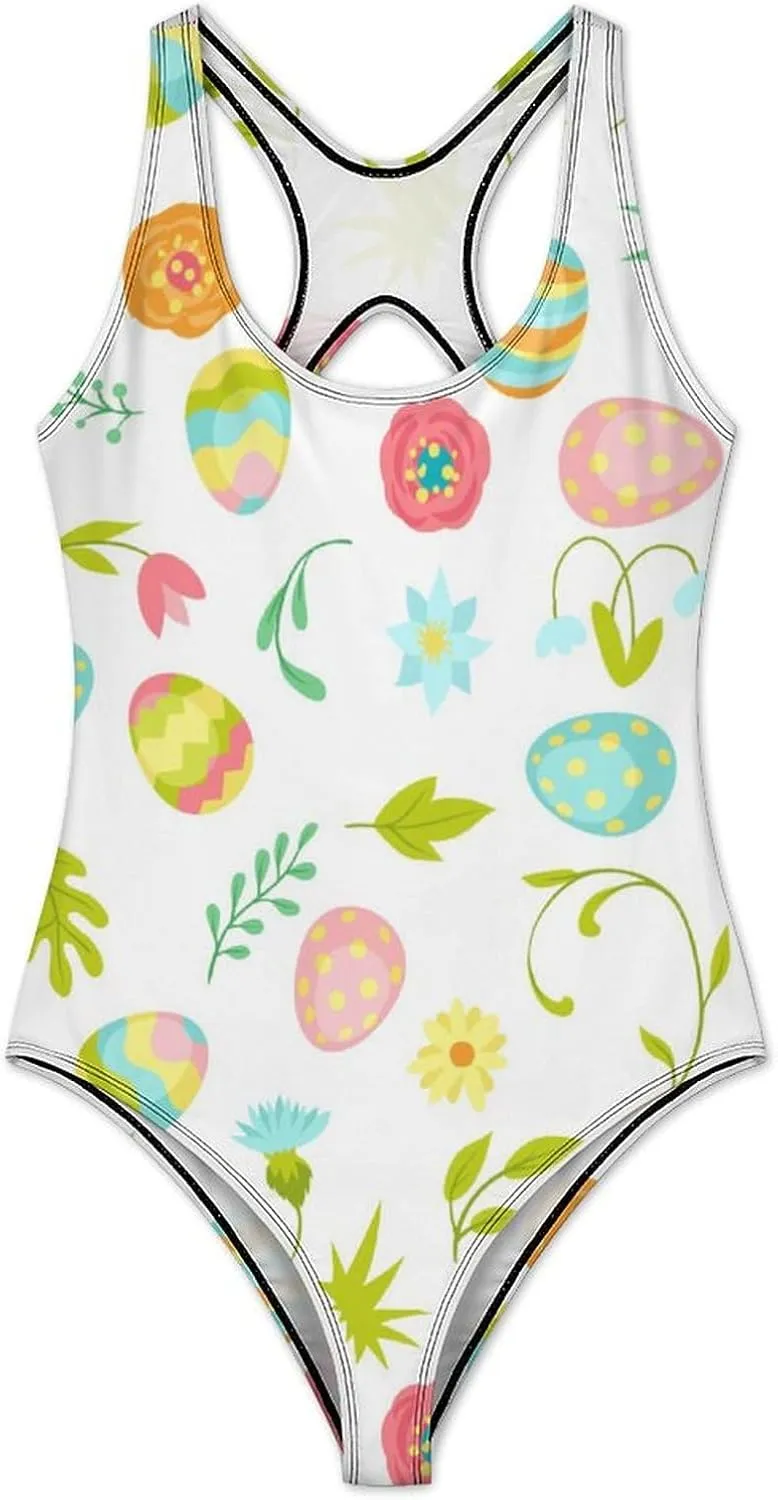Easter Eggs Women's One Piece Swimwears Backless Scoop Neck Sweet Tummy Control Swimsuits