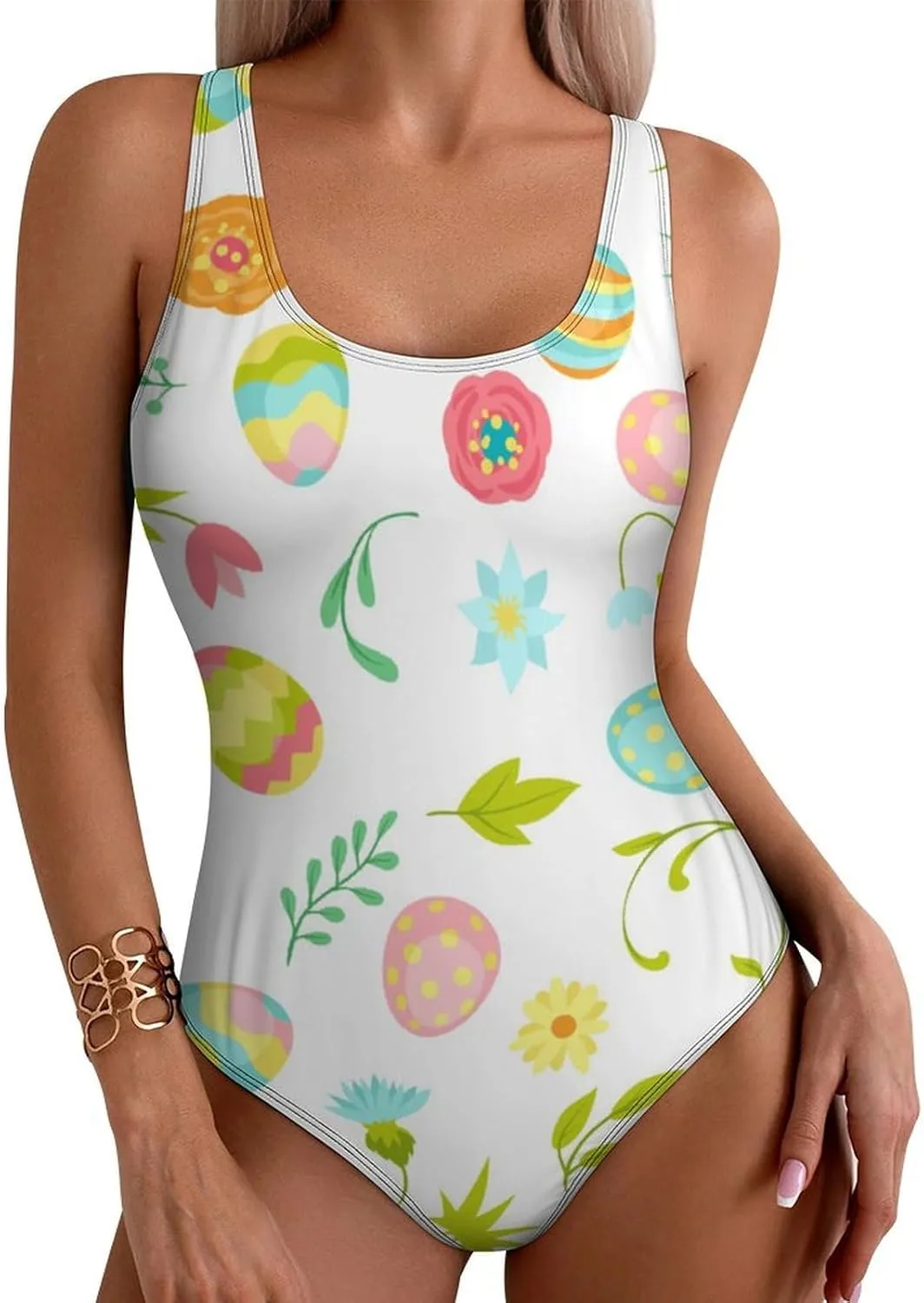 Easter Eggs Women's One Piece Swimwears Backless Scoop Neck Sweet Tummy Control Swimsuits