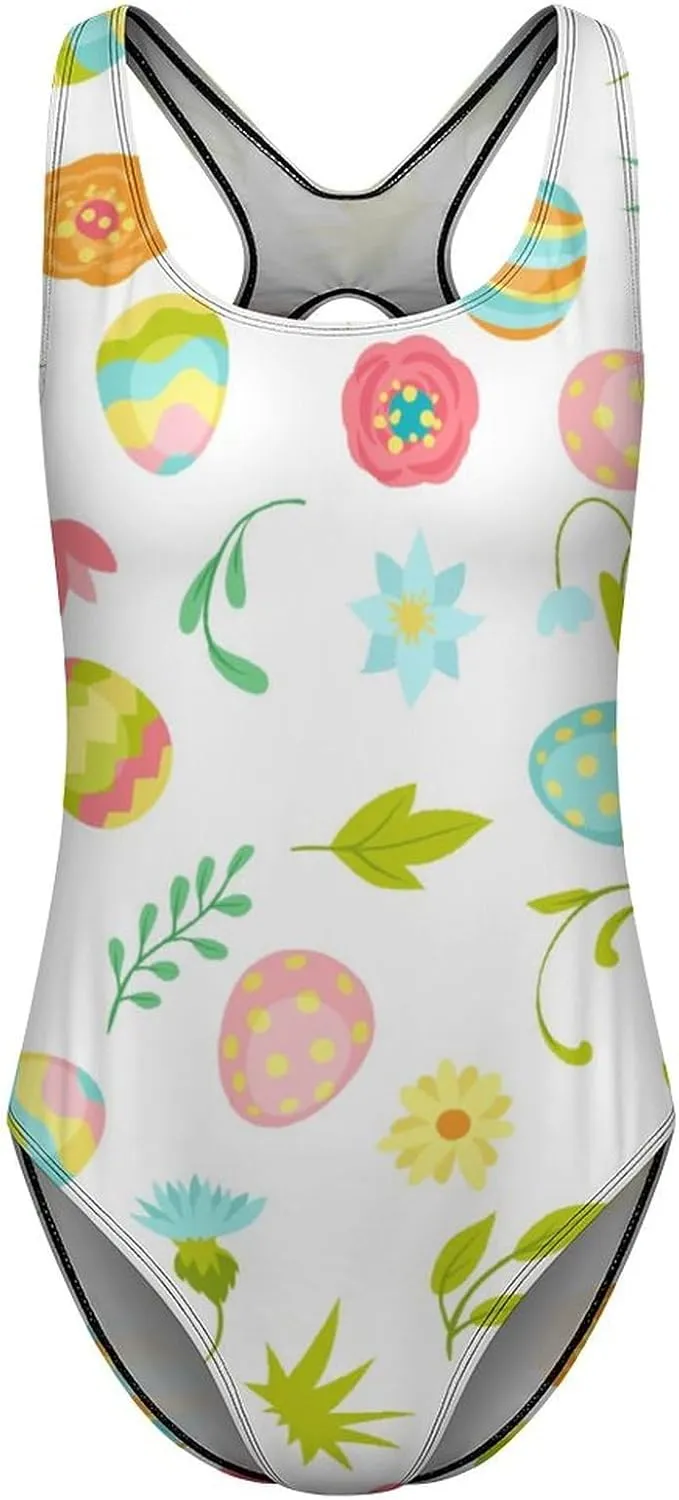 Easter Eggs Women's One Piece Swimwears Backless Scoop Neck Sweet Tummy Control Swimsuits