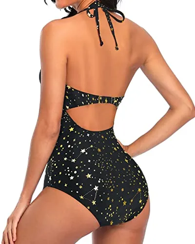 Elegant Curves Accentuating Monokini Halter One Piece Swimsuits-Gold Stars