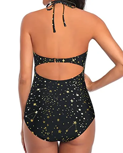 Elegant Curves Accentuating Monokini Halter One Piece Swimsuits-Gold Stars