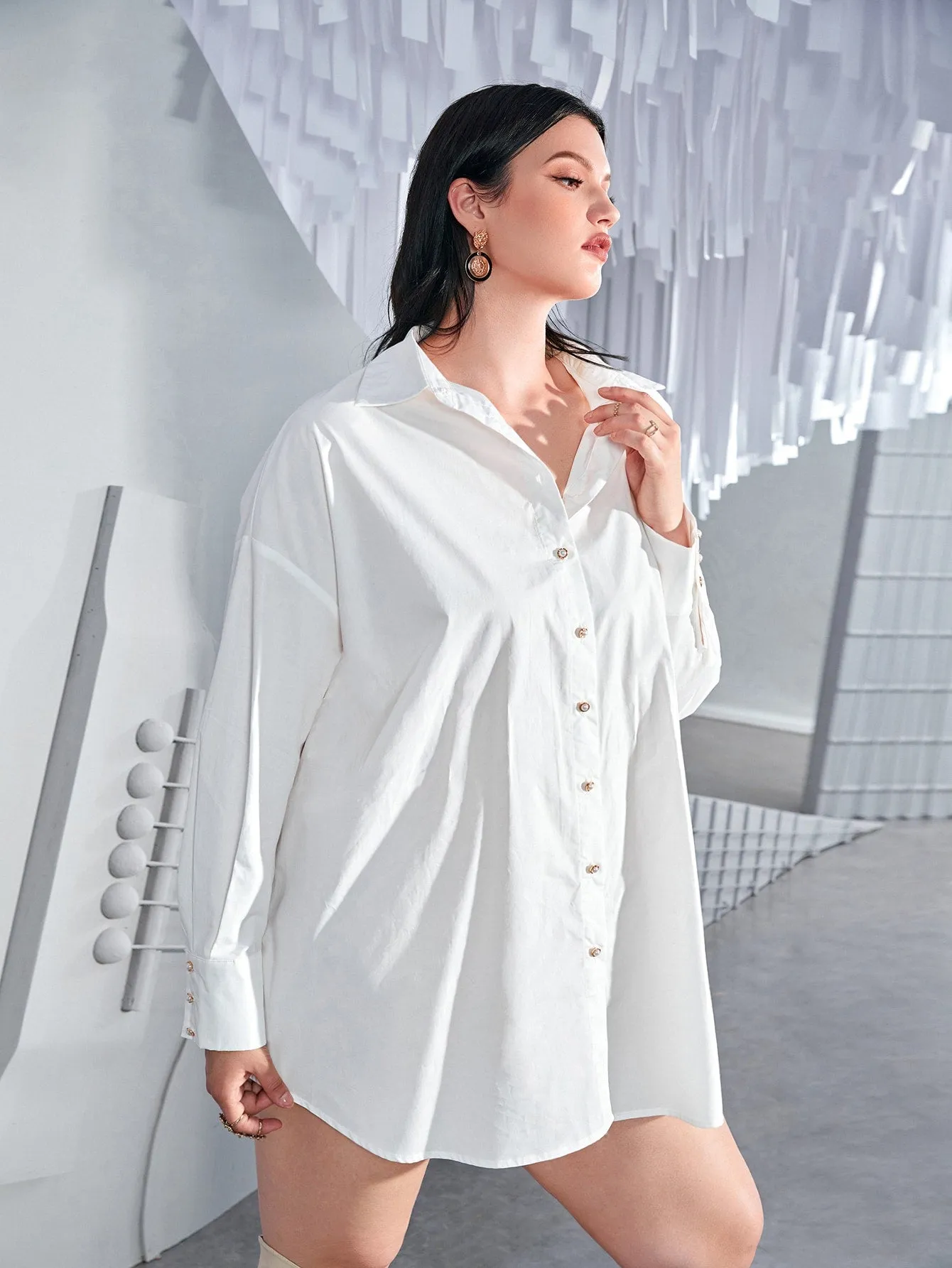 Elegant Plain Button Front Long Sleeve Collar Asymmetrical Natural Short Plus Size Dress