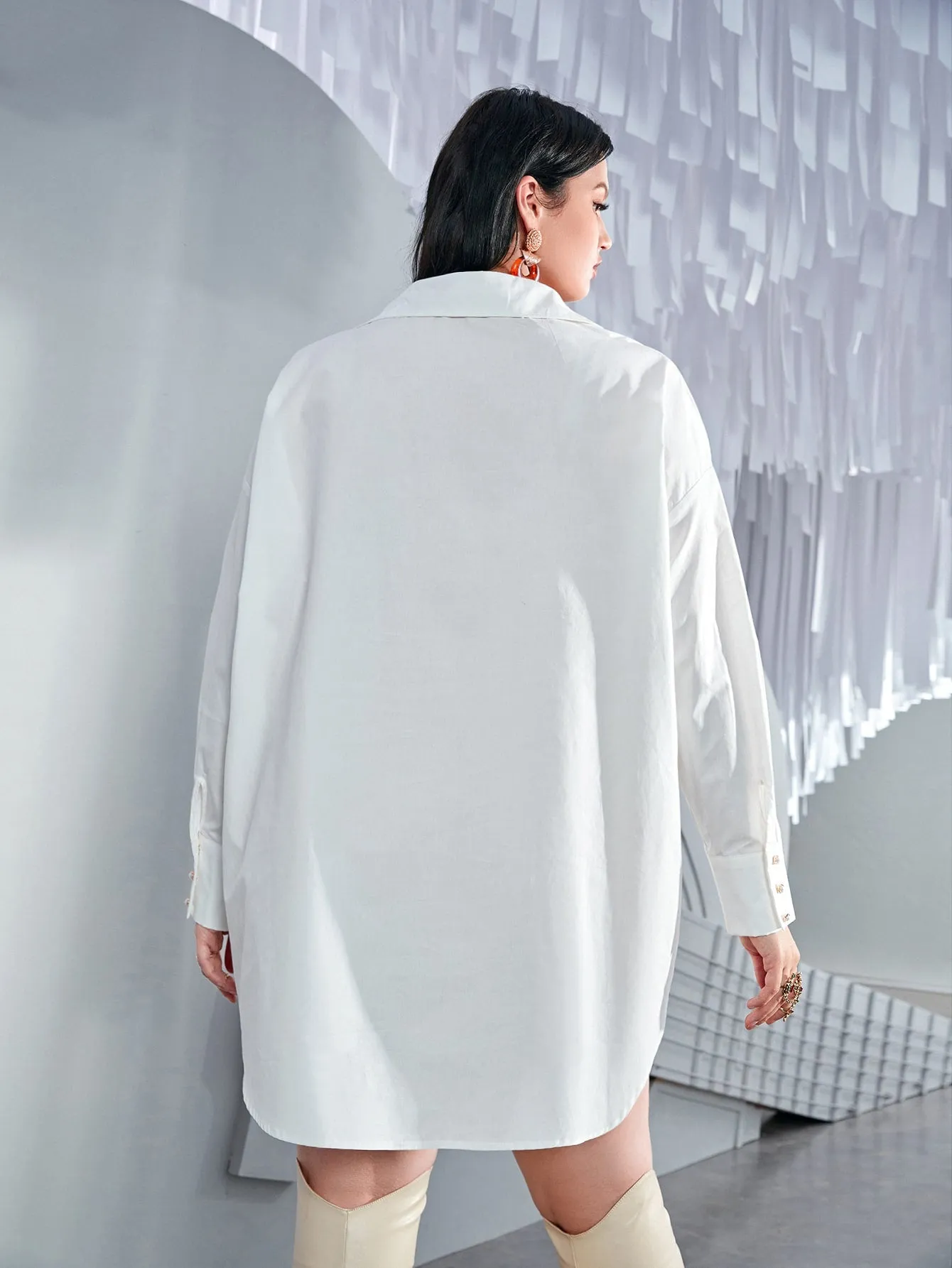 Elegant Plain Button Front Long Sleeve Collar Asymmetrical Natural Short Plus Size Dress
