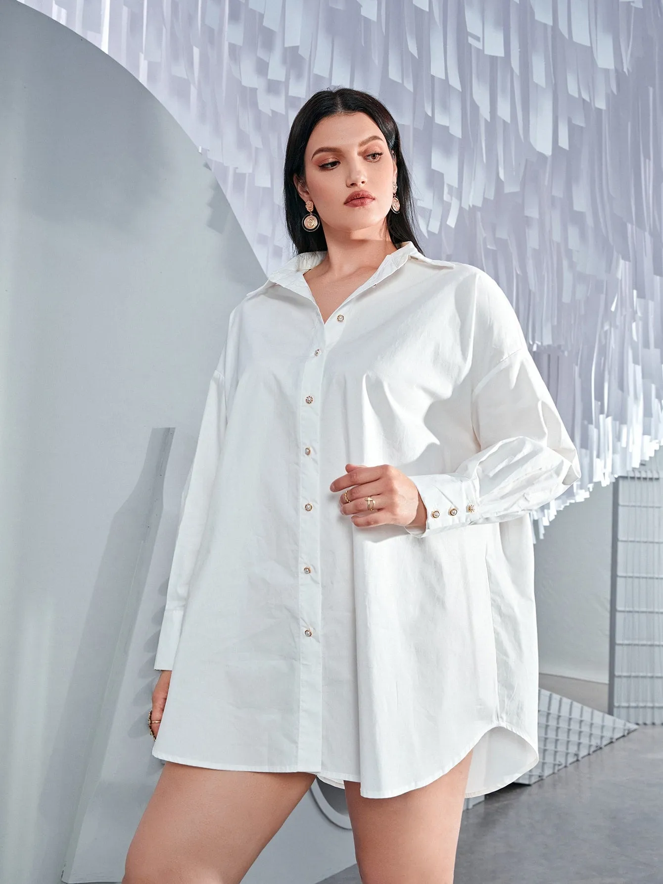 Elegant Plain Button Front Long Sleeve Collar Asymmetrical Natural Short Plus Size Dress