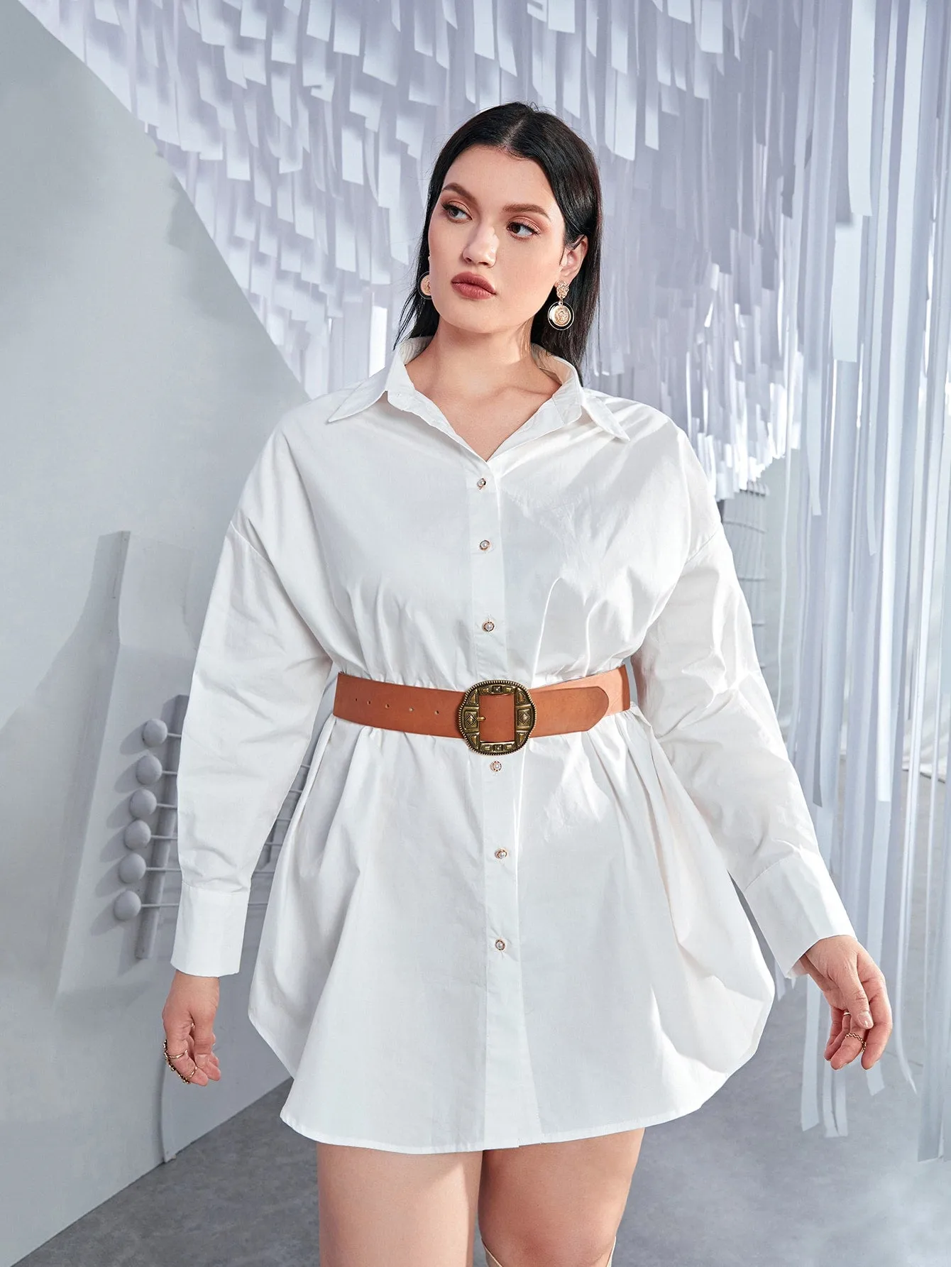 Elegant Plain Button Front Long Sleeve Collar Asymmetrical Natural Short Plus Size Dress