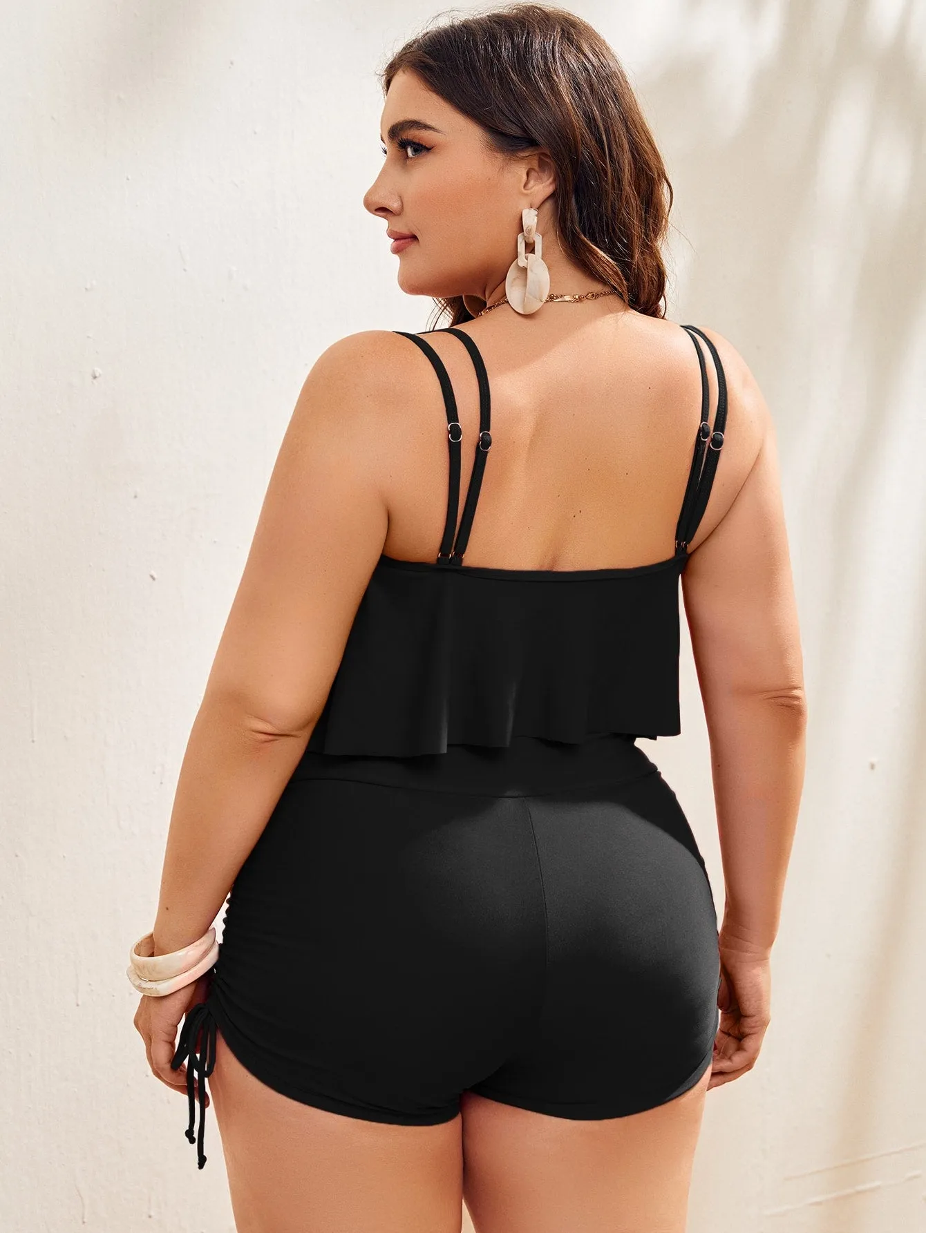 Elegant Plain Exaggerated Ruffle Plus Size Tankini