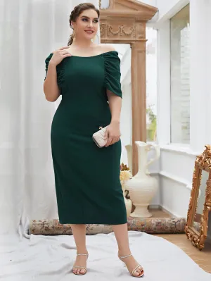 Elegant Plain Ruched Half Sleeve Off The Shoulder Pencil Natural Midi Plus Size Dress
