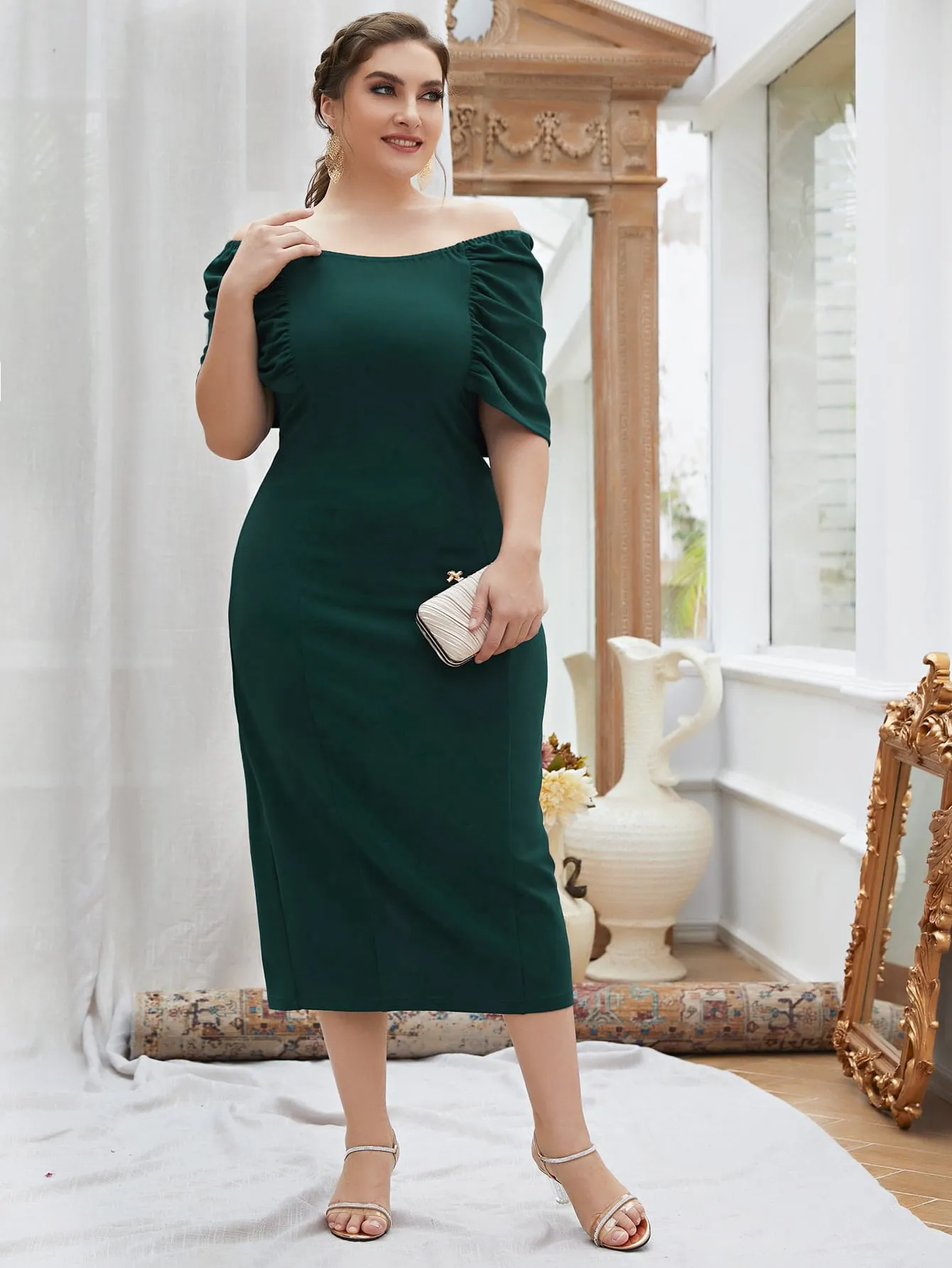 Elegant Plain Ruched Half Sleeve Off The Shoulder Pencil Natural Midi Plus Size Dress