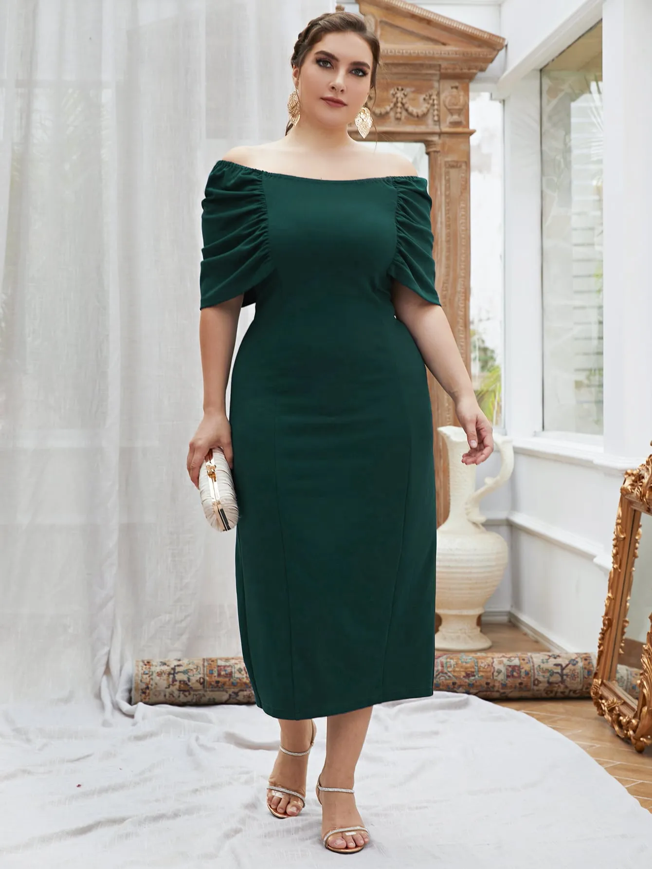 Elegant Plain Ruched Half Sleeve Off The Shoulder Pencil Natural Midi Plus Size Dress