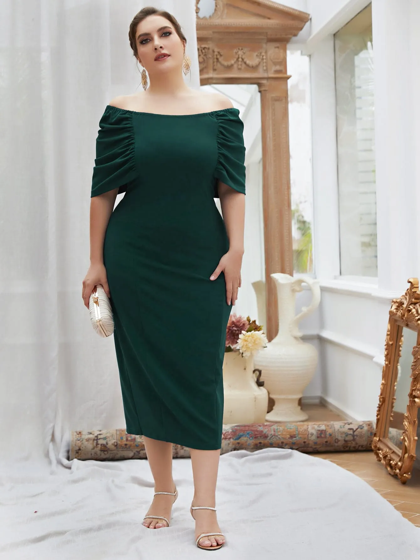 Elegant Plain Ruched Half Sleeve Off The Shoulder Pencil Natural Midi Plus Size Dress