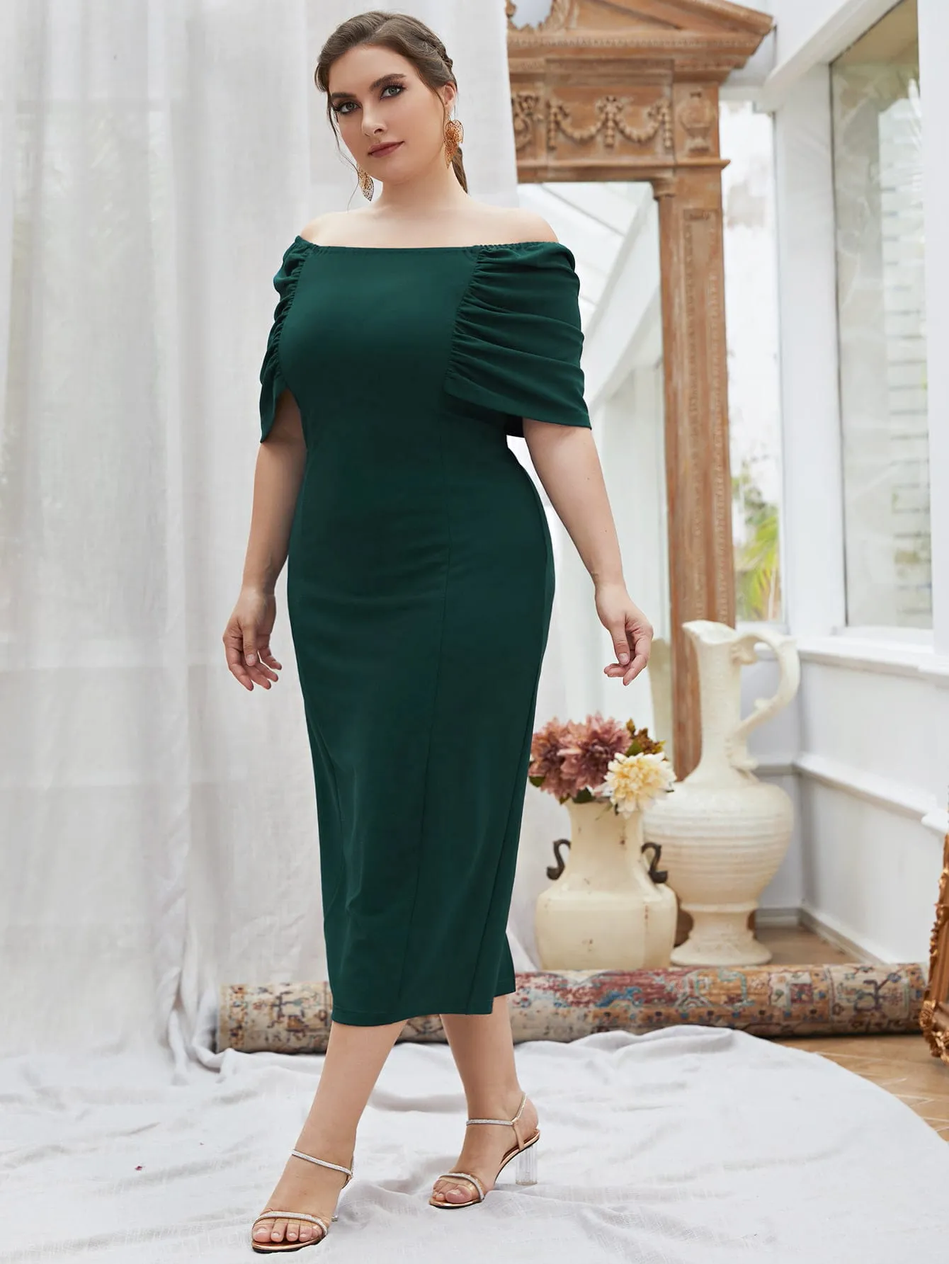 Elegant Plain Ruched Half Sleeve Off The Shoulder Pencil Natural Midi Plus Size Dress