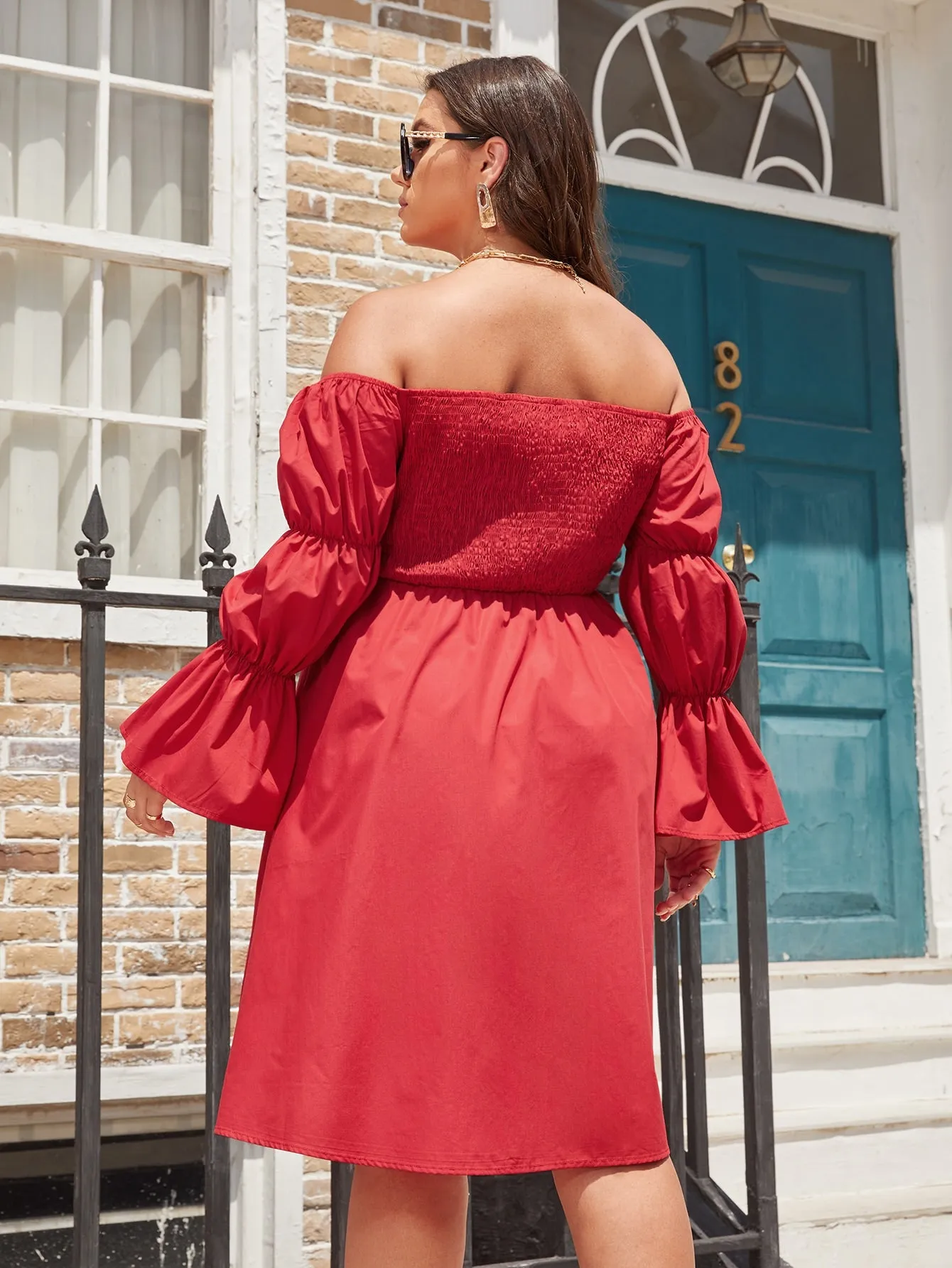 Elegant Plain Shirred Long Sleeve Off The Shoulder Flared High Waist Midi Plus Size Dress