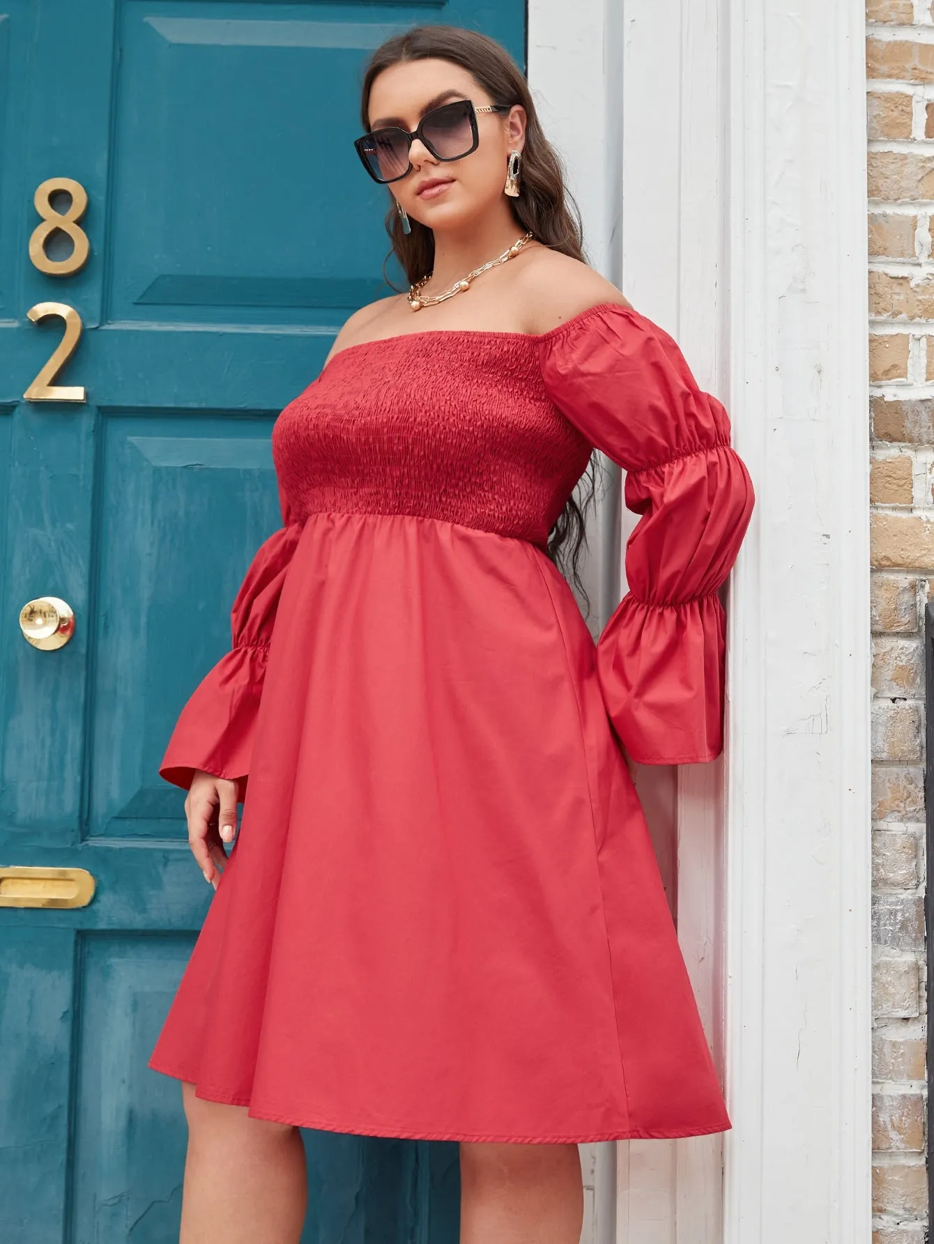Elegant Plain Shirred Long Sleeve Off The Shoulder Flared High Waist Midi Plus Size Dress