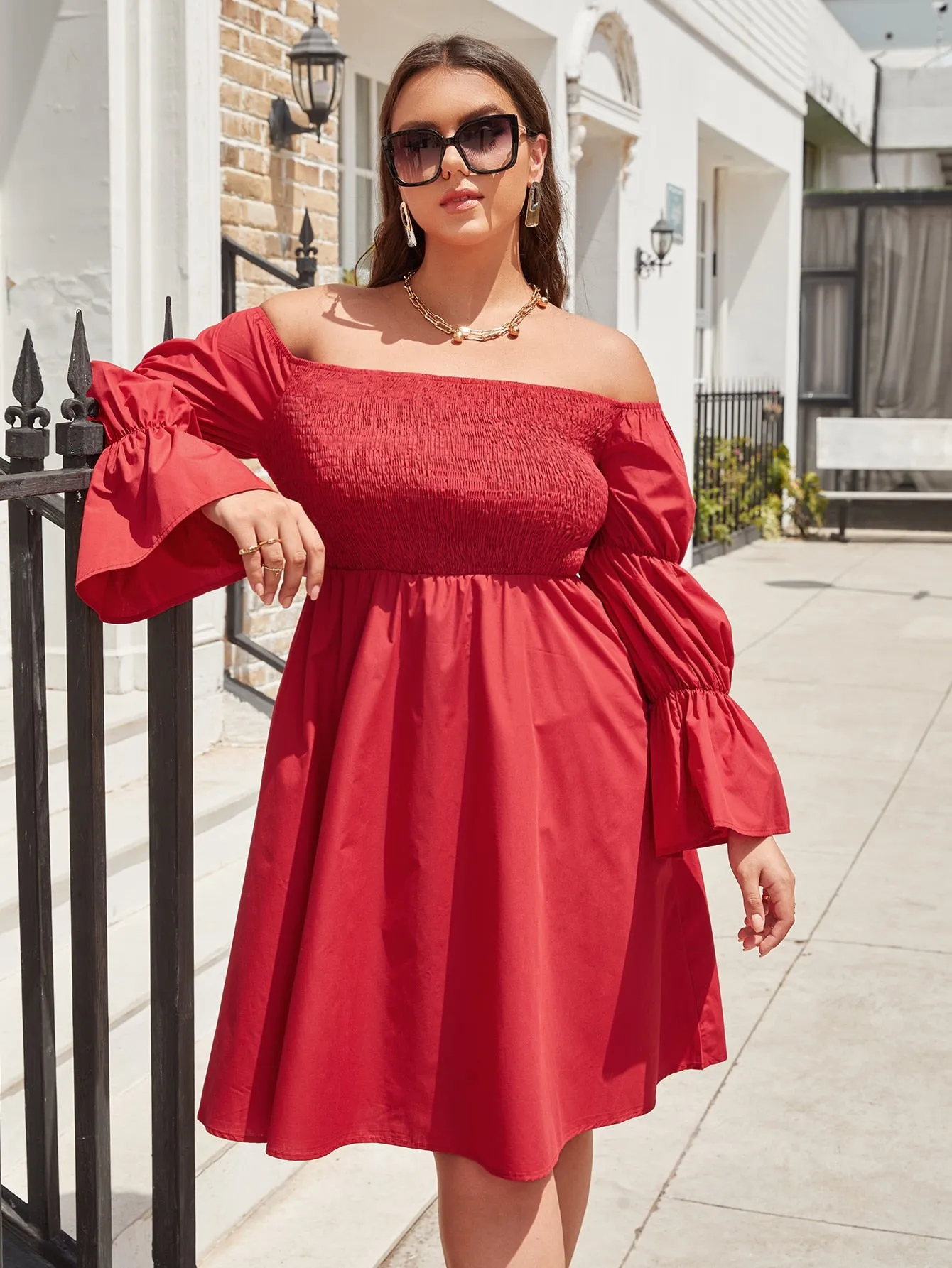 Elegant Plain Shirred Long Sleeve Off The Shoulder Flared High Waist Midi Plus Size Dress