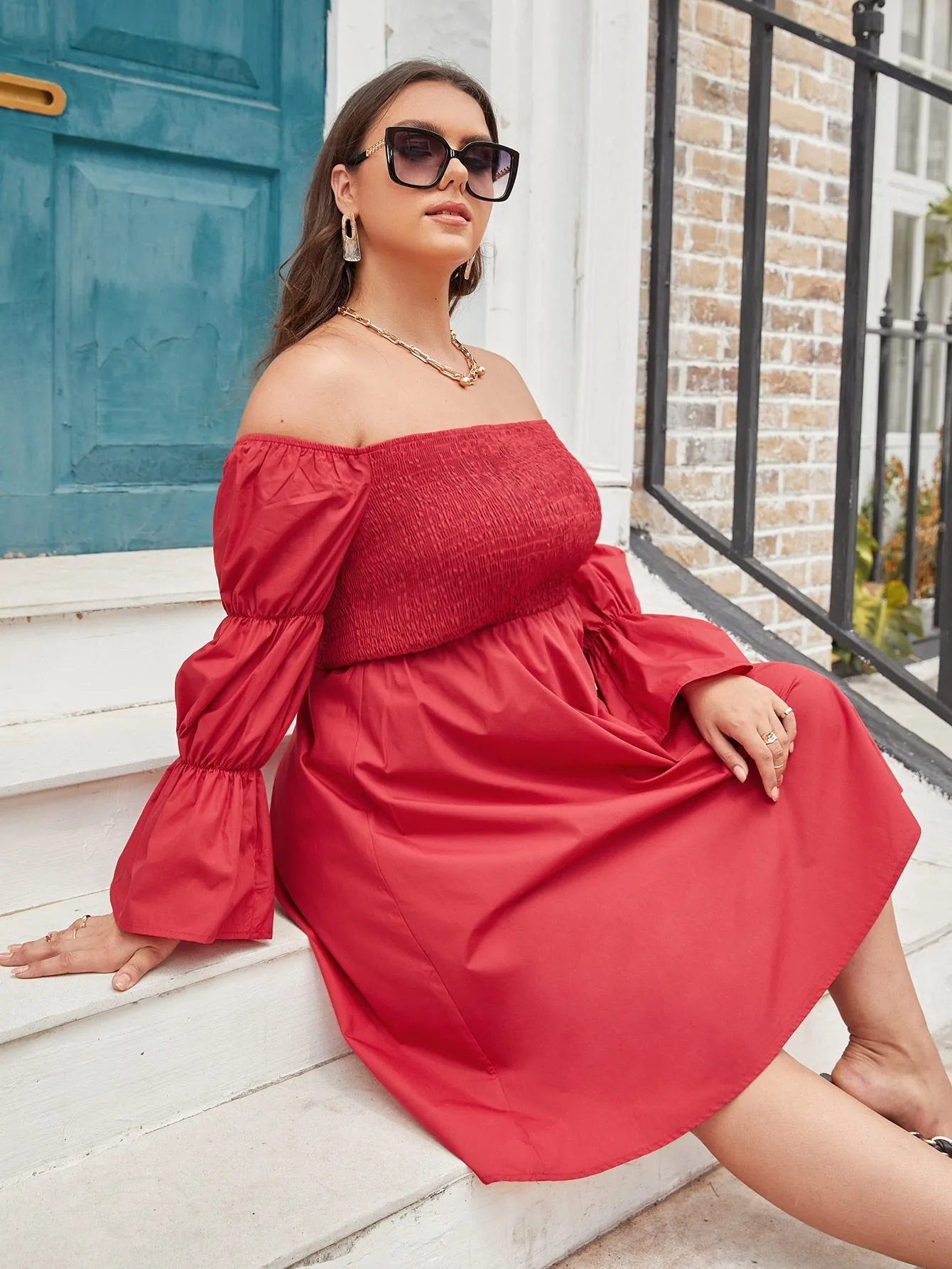 Elegant Plain Shirred Long Sleeve Off The Shoulder Flared High Waist Midi Plus Size Dress
