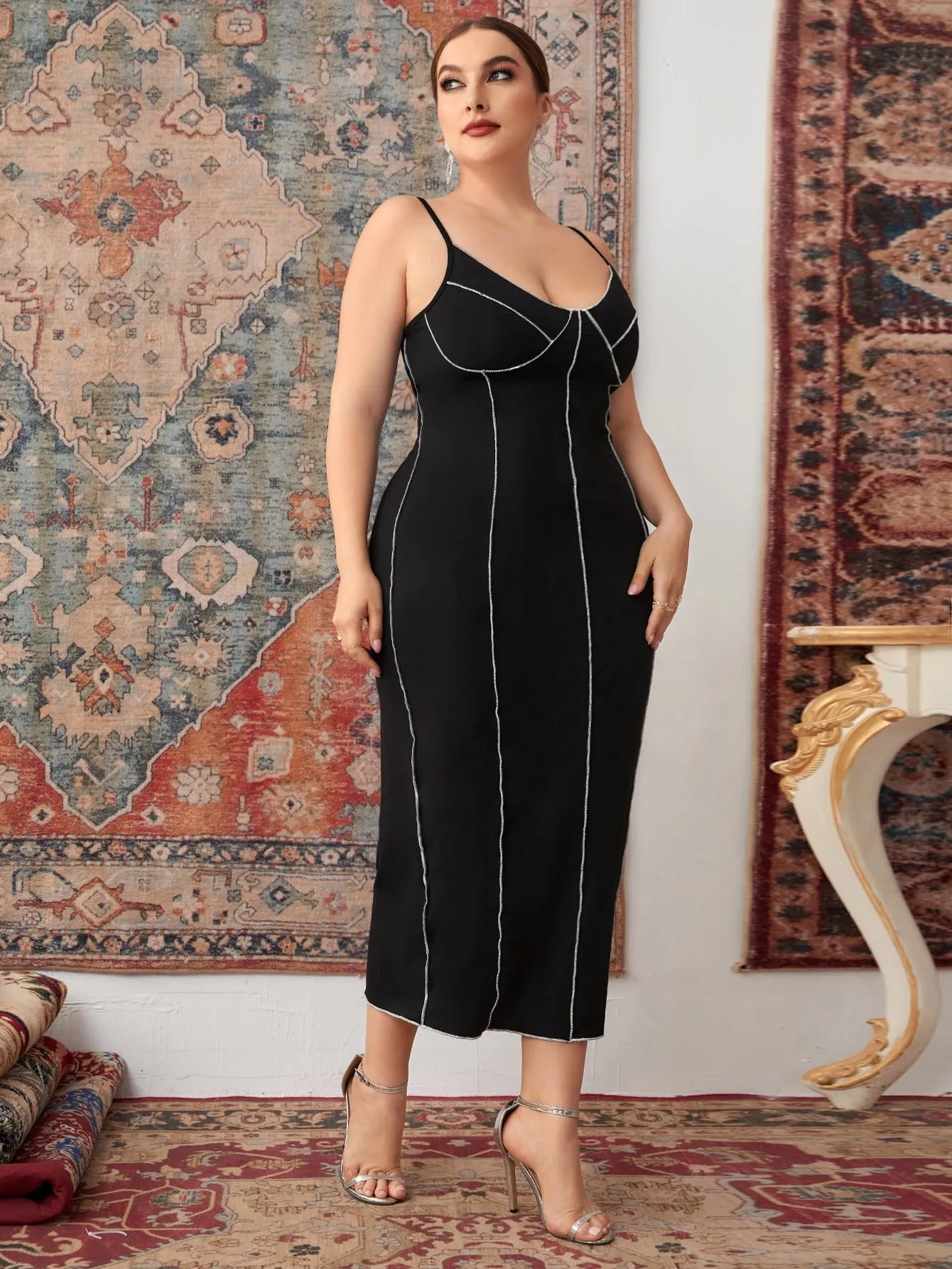 Elegant Plain Sleeveless Spaghetti Strap Pencil Natural Long Plus Size Dress