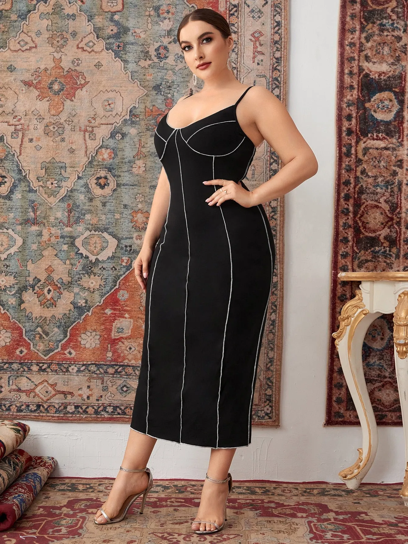 Elegant Plain Sleeveless Spaghetti Strap Pencil Natural Long Plus Size Dress