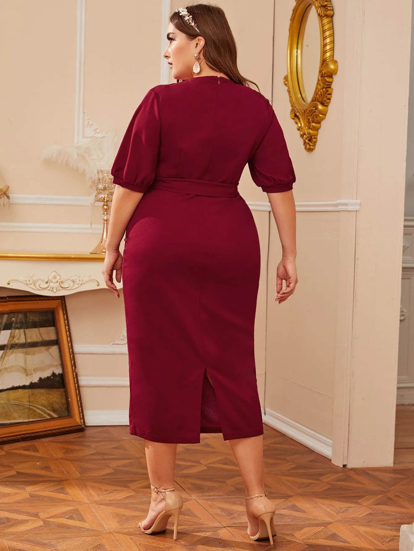 Elegant Plain Zipper Half Sleeve V Neck Straight High Waist Long Plus Size Dress