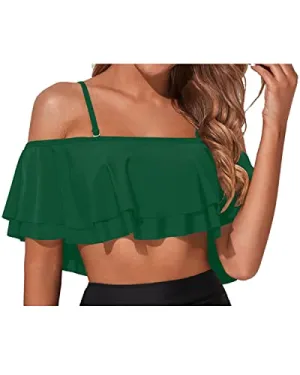 Elegant Removable Shoulder Straps Off Shoulder Swim Top-Emerald Green