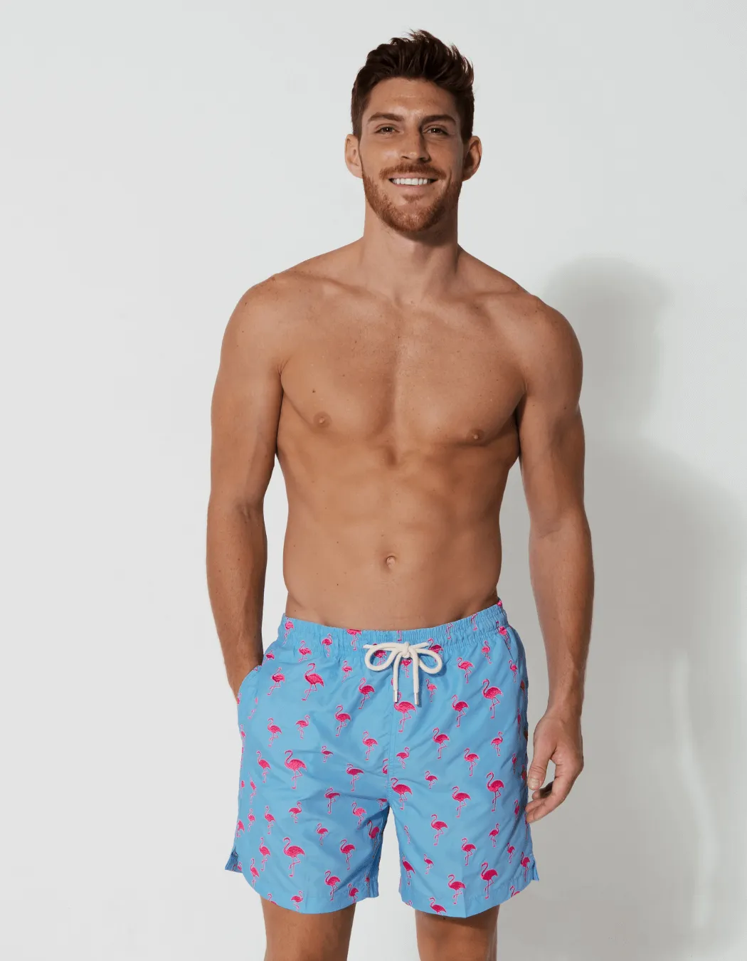 Embroidered Pink Flamingo Mens Swim Shorts