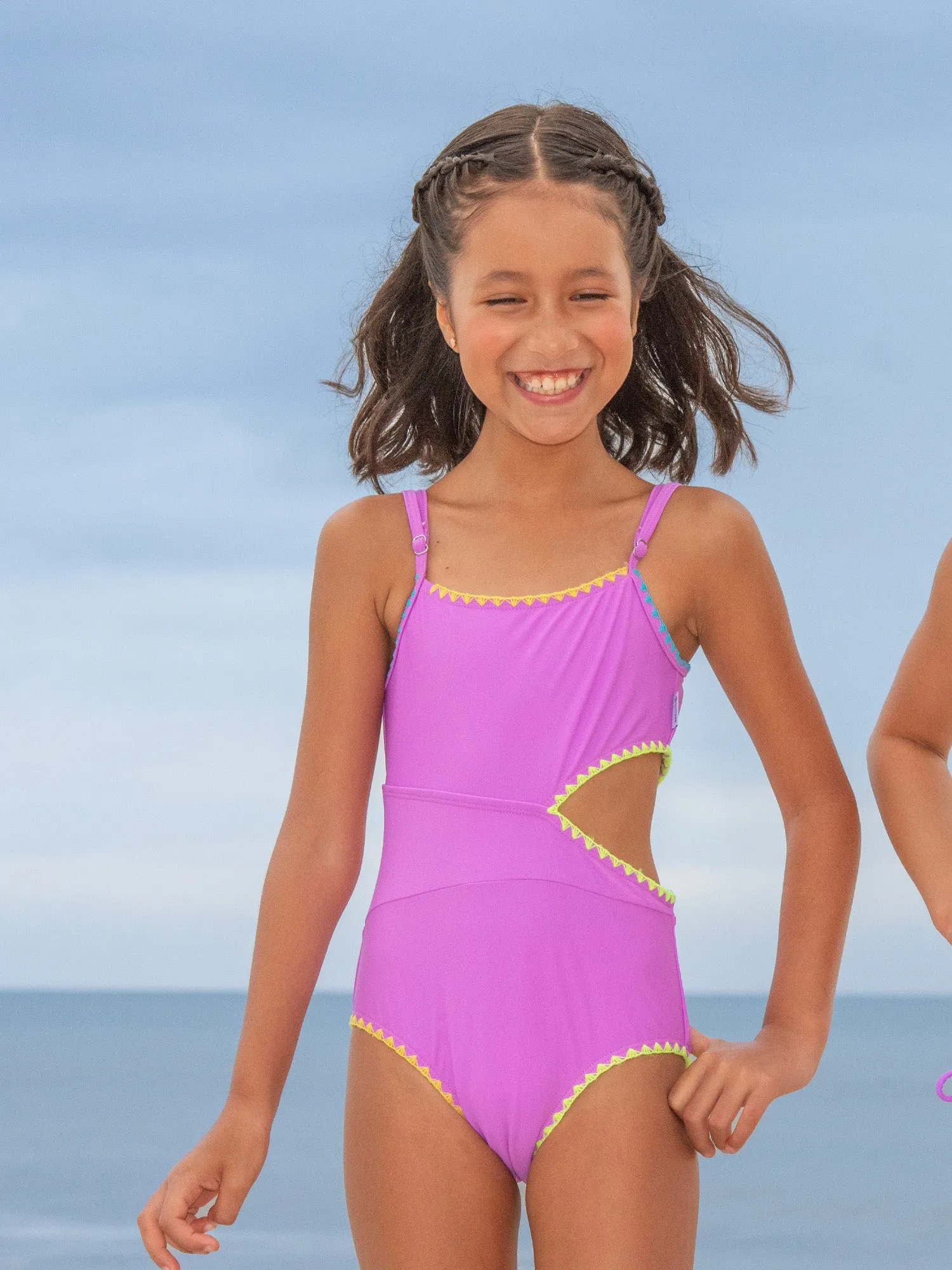 Embroidered Trim Cutout One Piece Swimsuit - Orchid