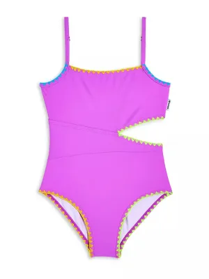 Embroidered Trim Cutout One Piece Swimsuit - Orchid