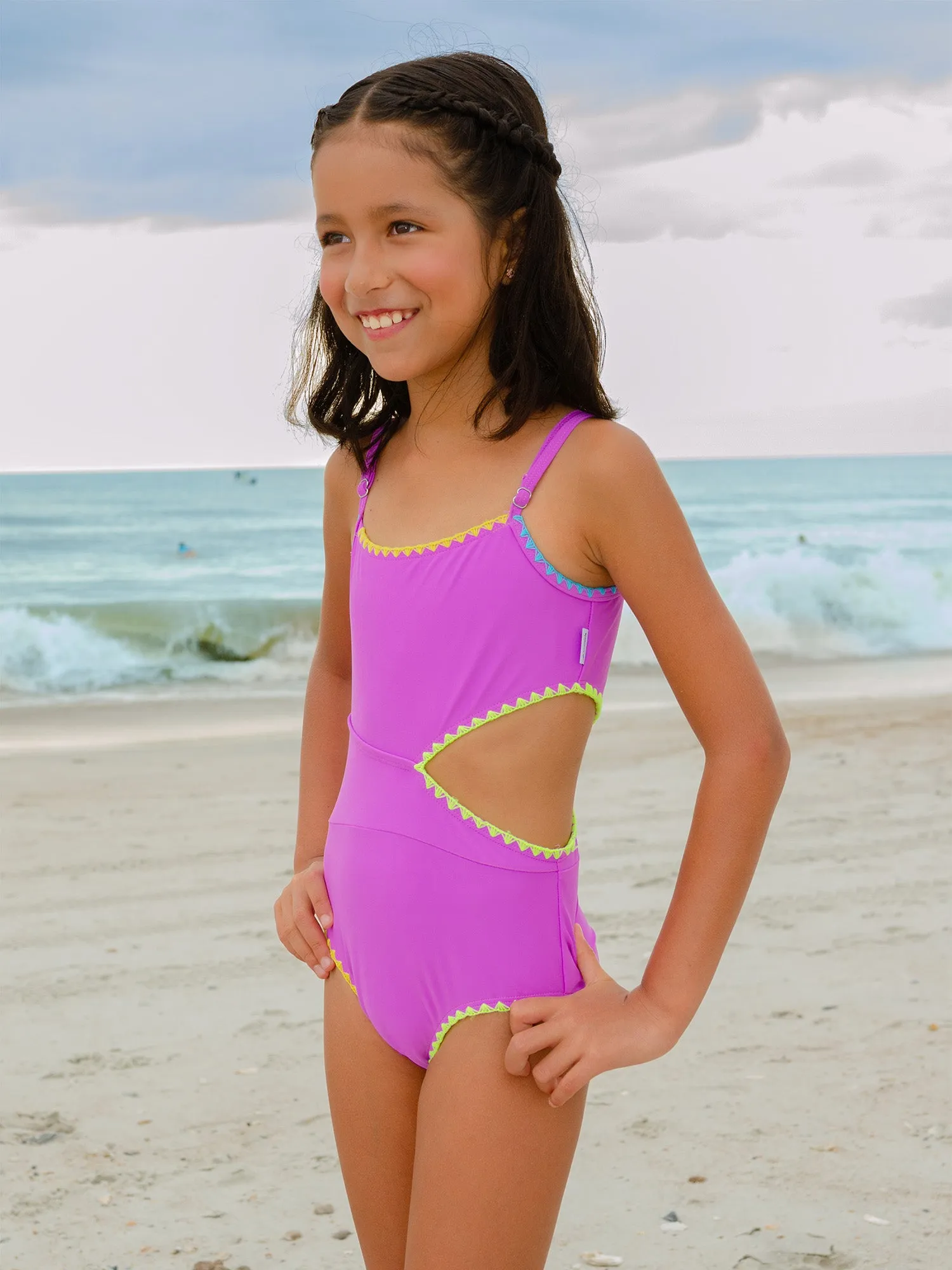Embroidered Trim Cutout One Piece Swimsuit - Orchid