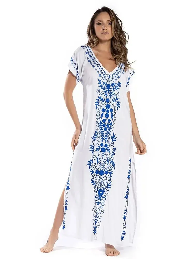Embroidery Beach Cover up Saida de Praia Swimsuit Women Bikini cover up Tunics for Beach Pareo Sarong Beachwear Q790