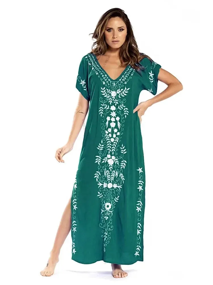 Embroidery Beach Cover up Saida de Praia Swimsuit Women Bikini cover up Tunics for Beach Pareo Sarong Beachwear Q790