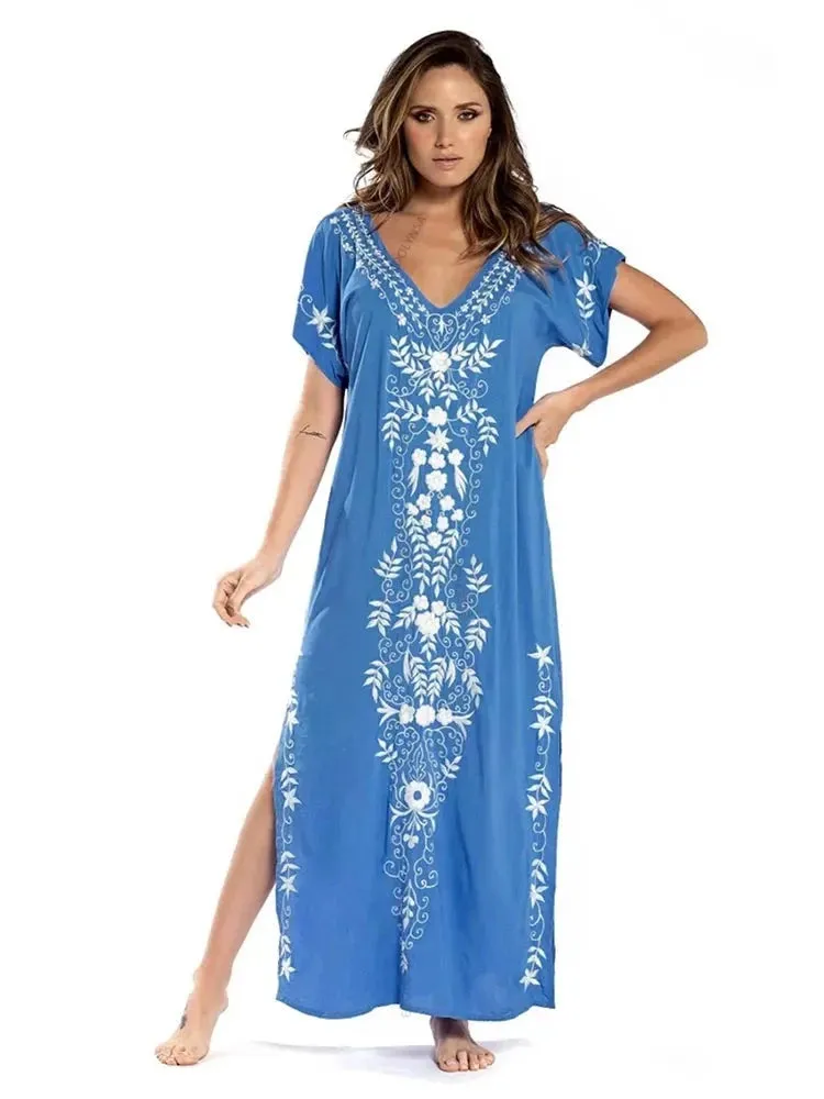 Embroidery Beach Cover up Saida de Praia Swimsuit Women Bikini cover up Tunics for Beach Pareo Sarong Beachwear Q790