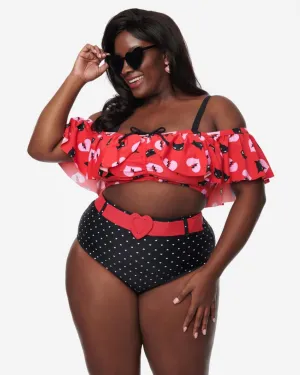 Emily The Strange x Unique Vintage Red & Black Cats Ruffle Swim Top | Red