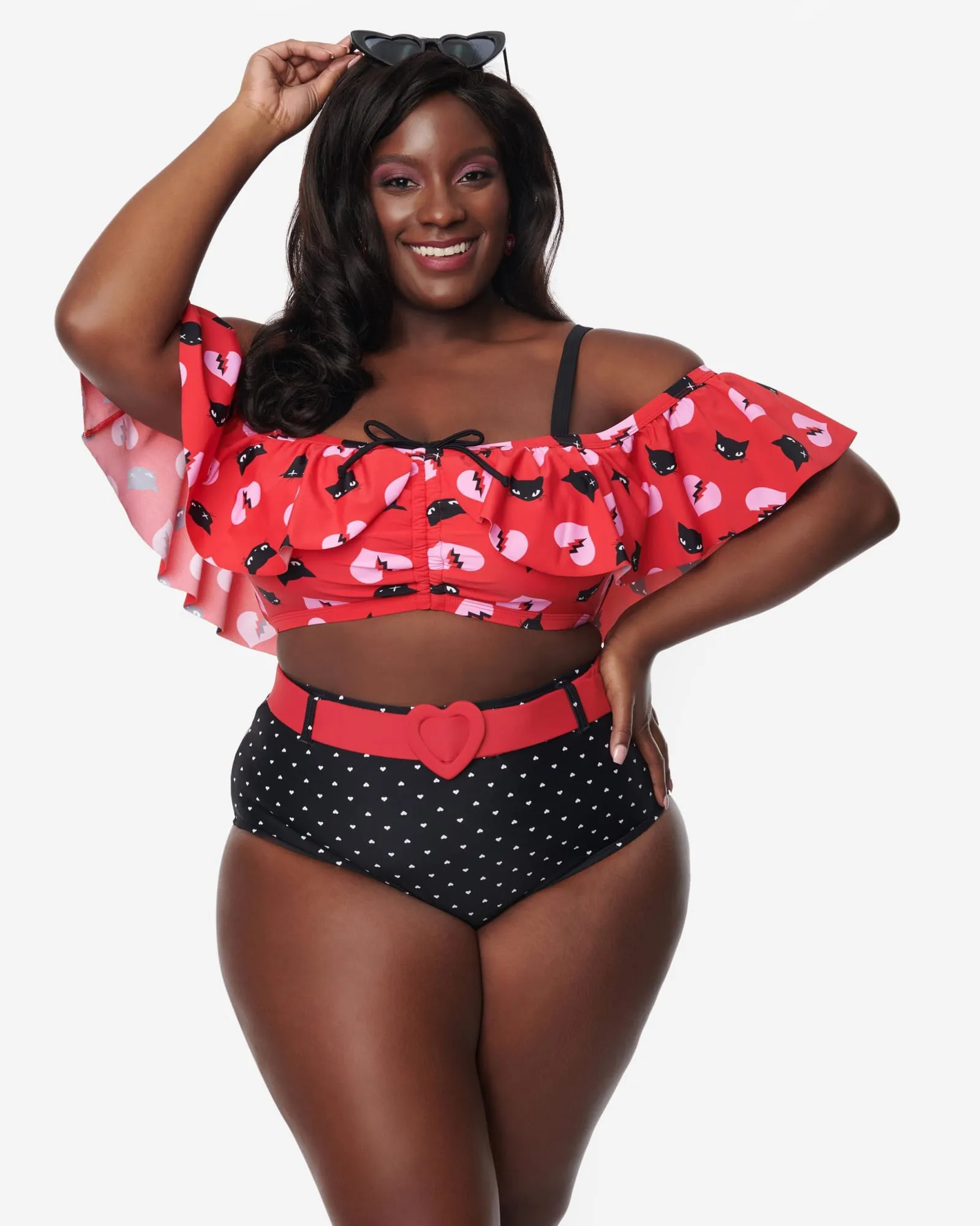 Emily The Strange x Unique Vintage Red & Black Cats Ruffle Swim Top | Red