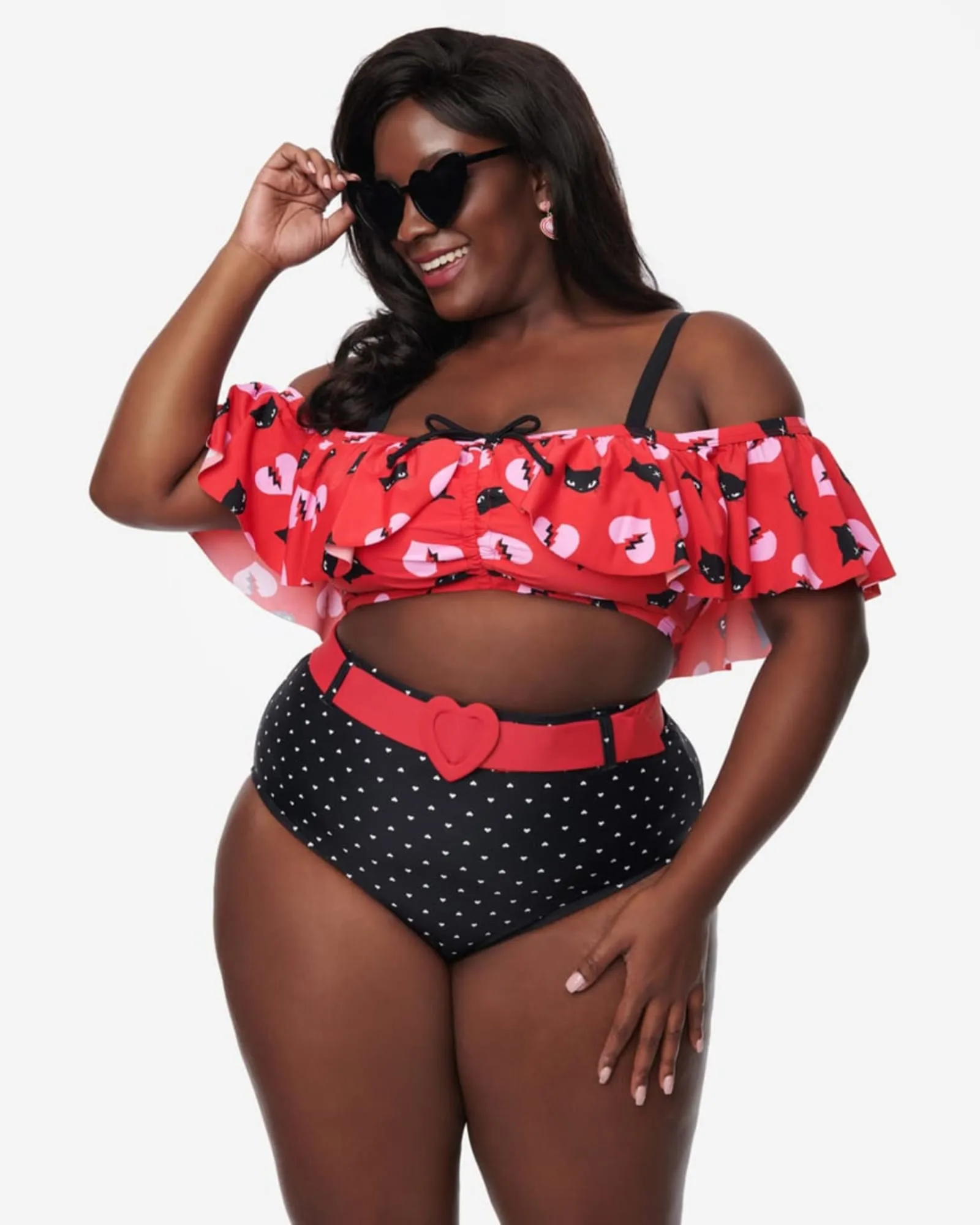 Emily The Strange x Unique Vintage Red & Black Cats Ruffle Swim Top | Red