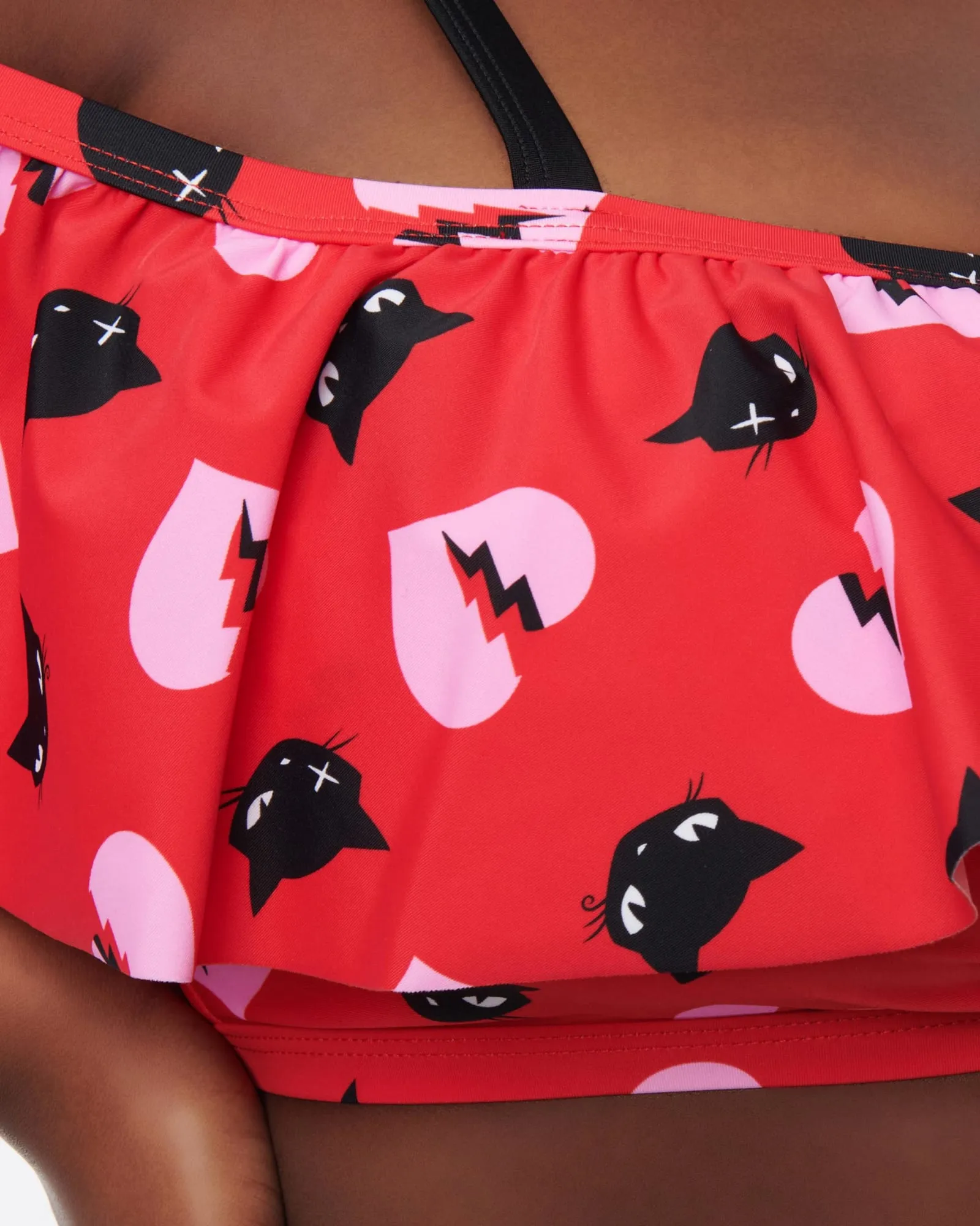 Emily The Strange x Unique Vintage Red & Black Cats Ruffle Swim Top | Red