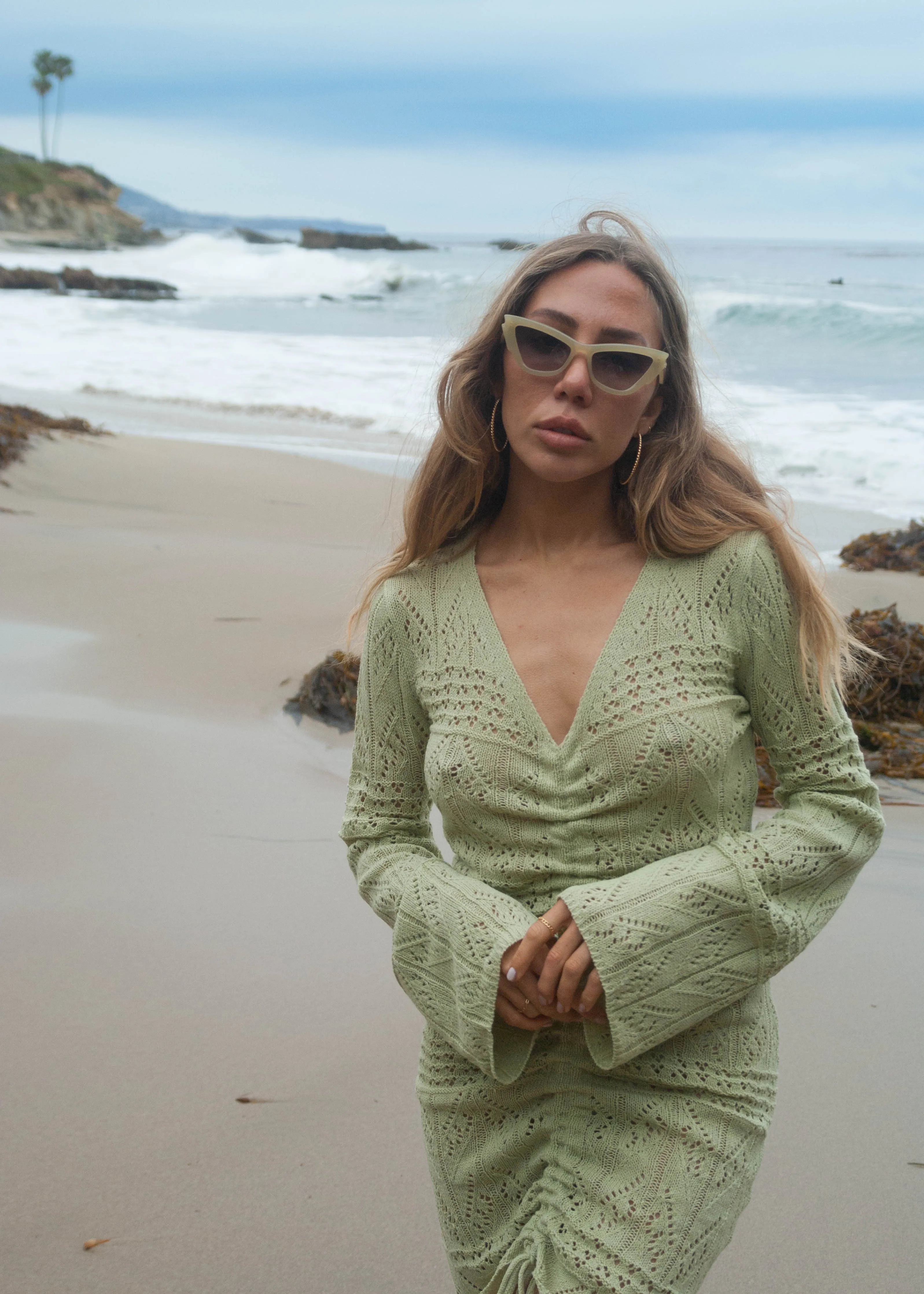 Emmy Crochet Shirred Dress - Sage