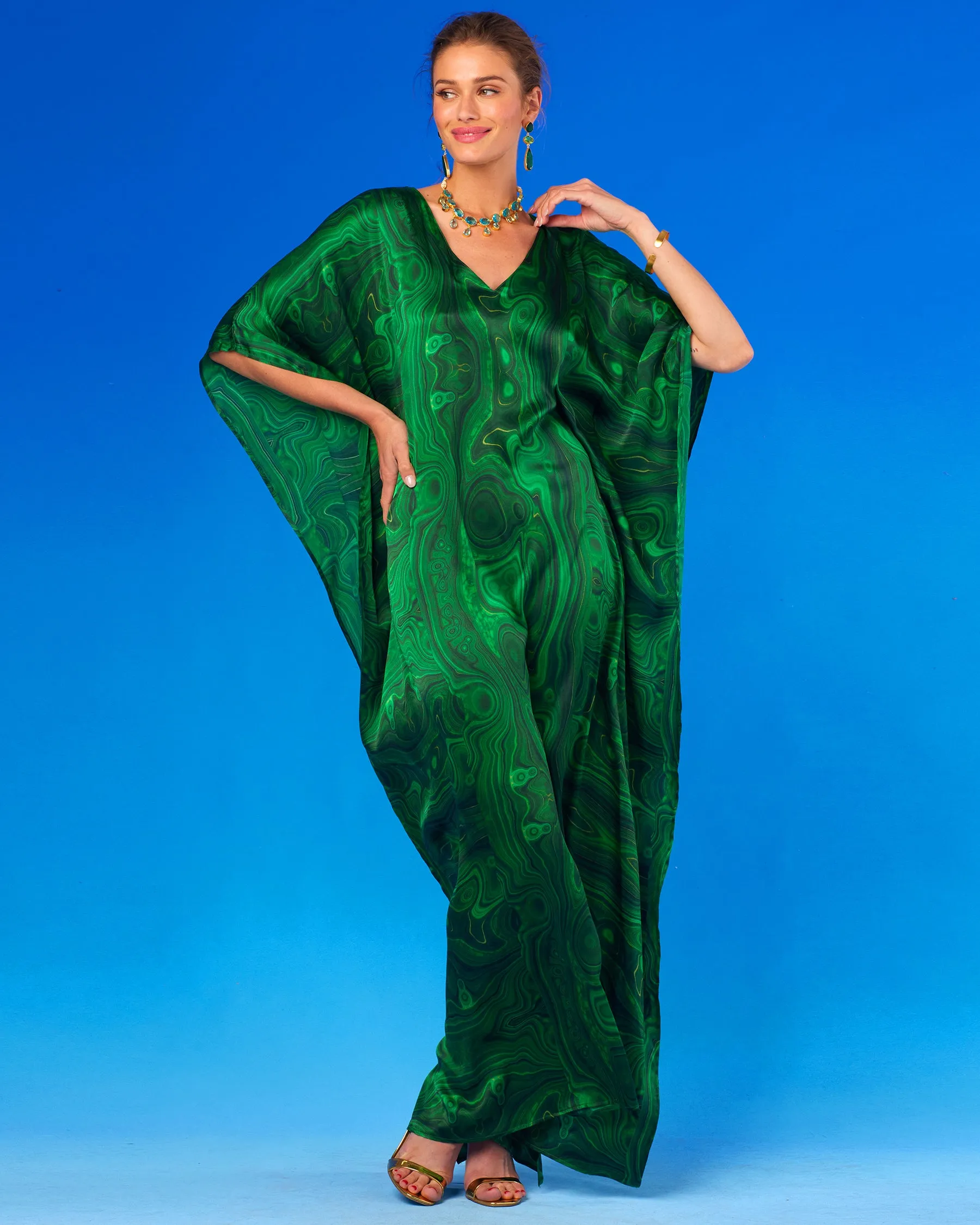 Esmeralda Silk Kaftan in Precious Malachite