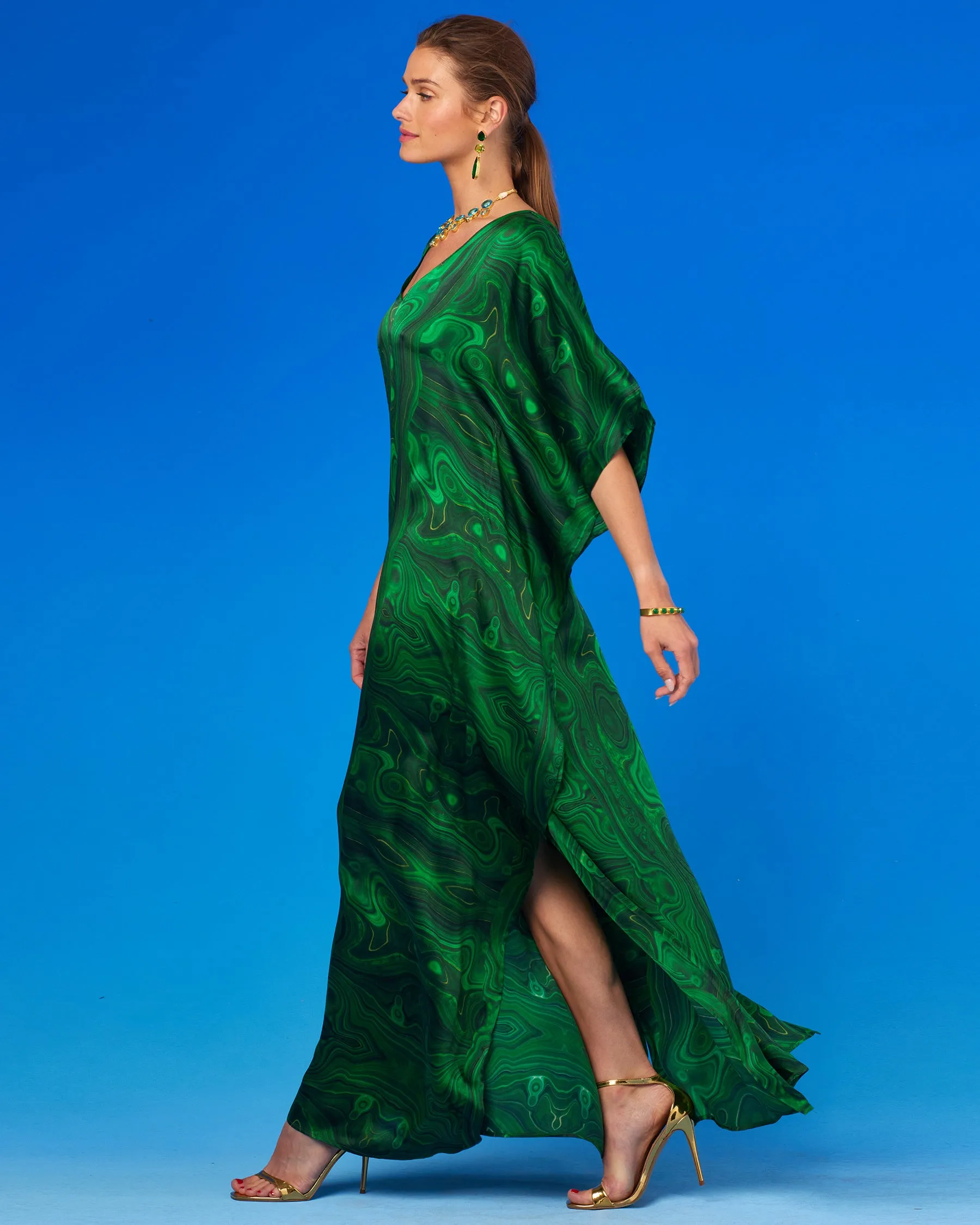 Esmeralda Silk Kaftan in Precious Malachite