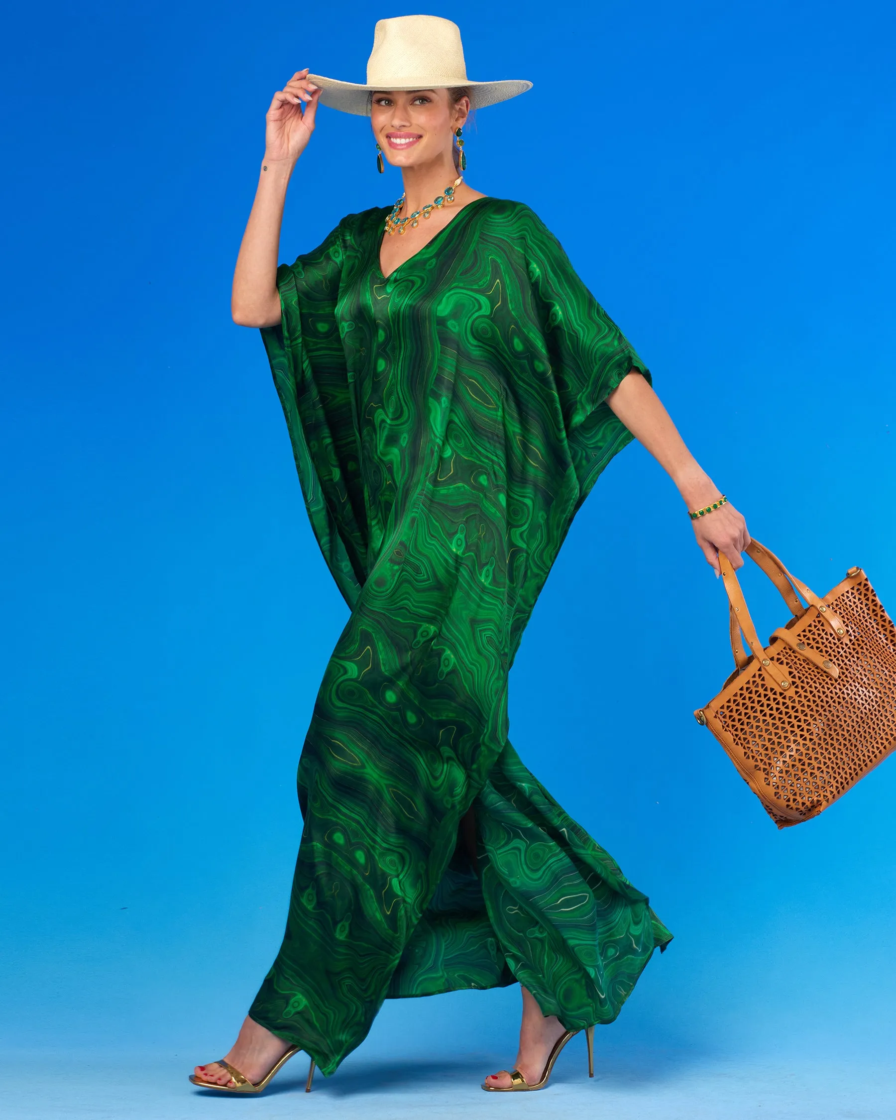 Esmeralda Silk Kaftan in Precious Malachite