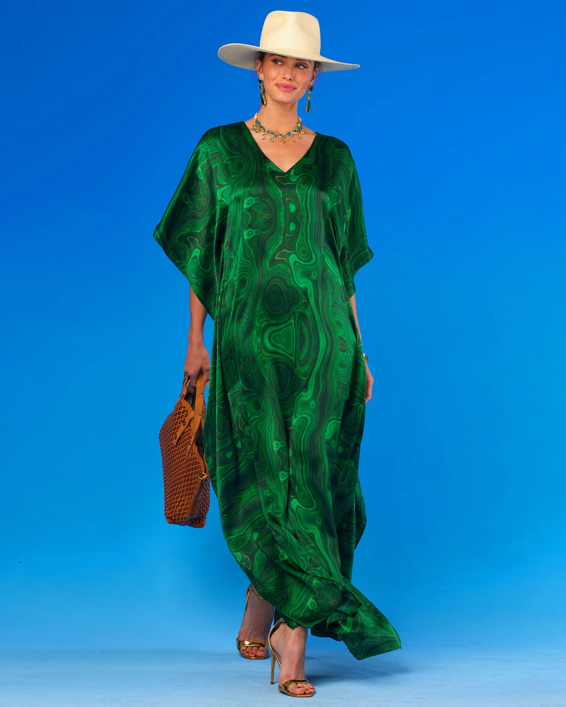 Esmeralda Silk Kaftan in Precious Malachite