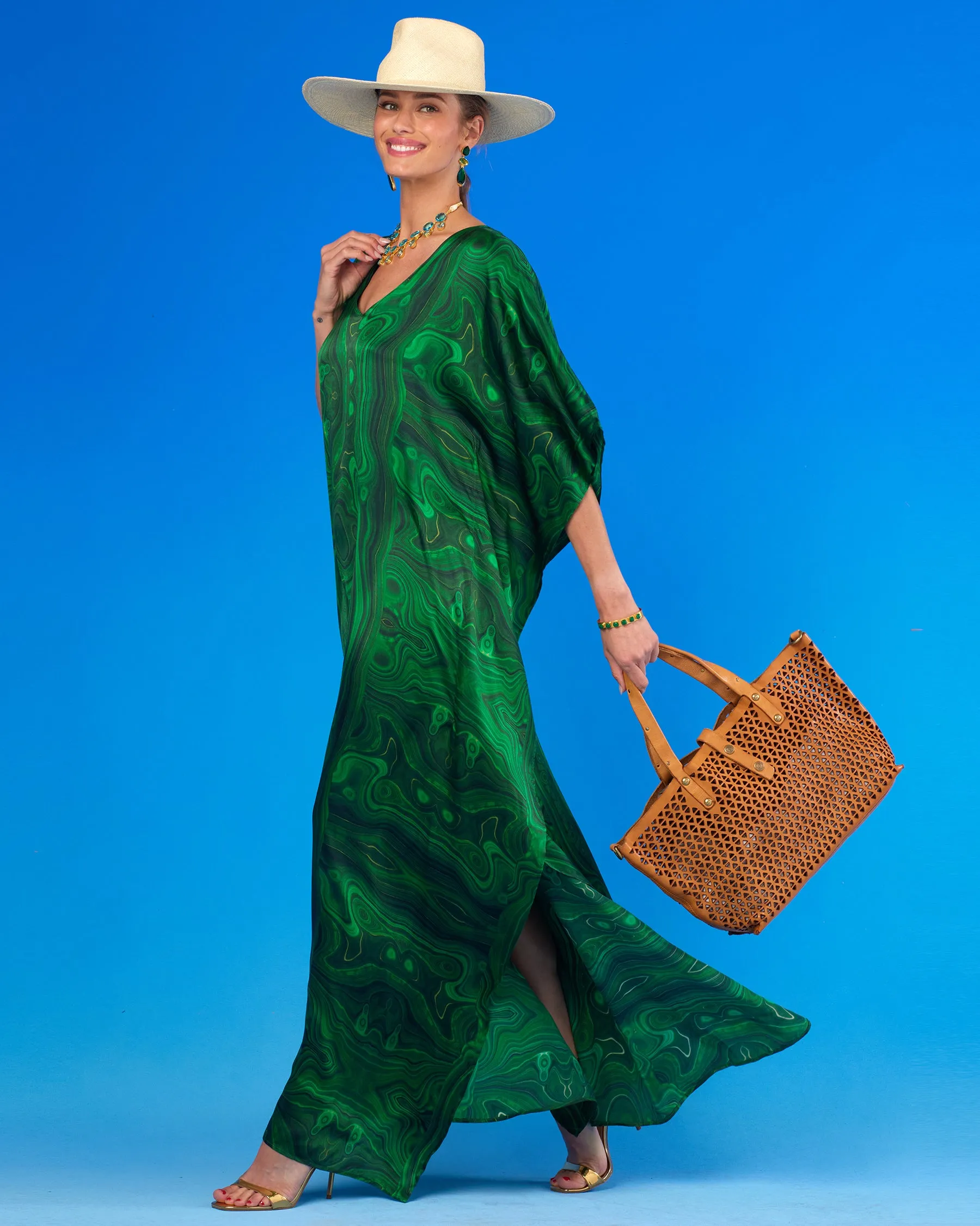 Esmeralda Silk Kaftan in Precious Malachite