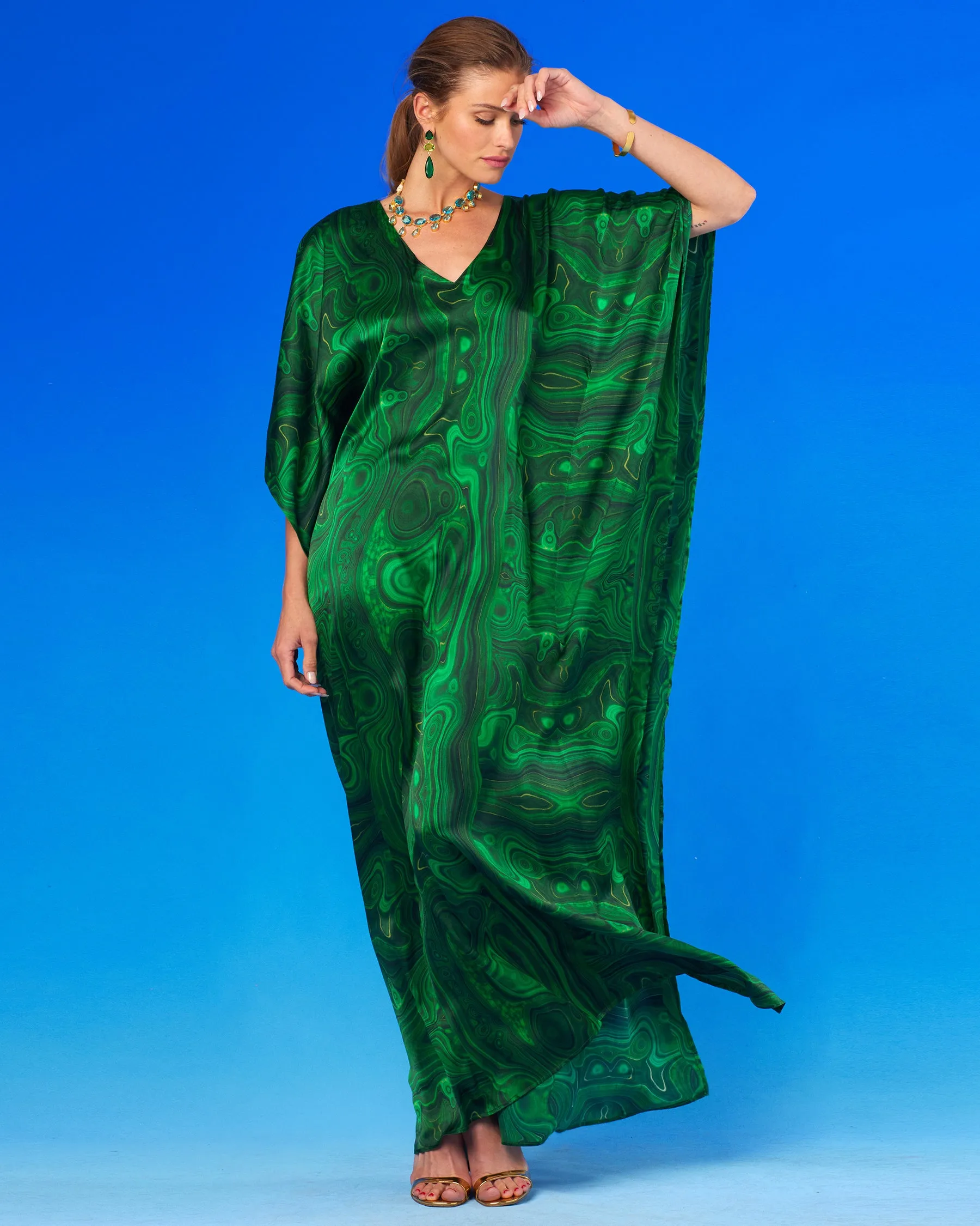 Esmeralda Silk Kaftan in Precious Malachite