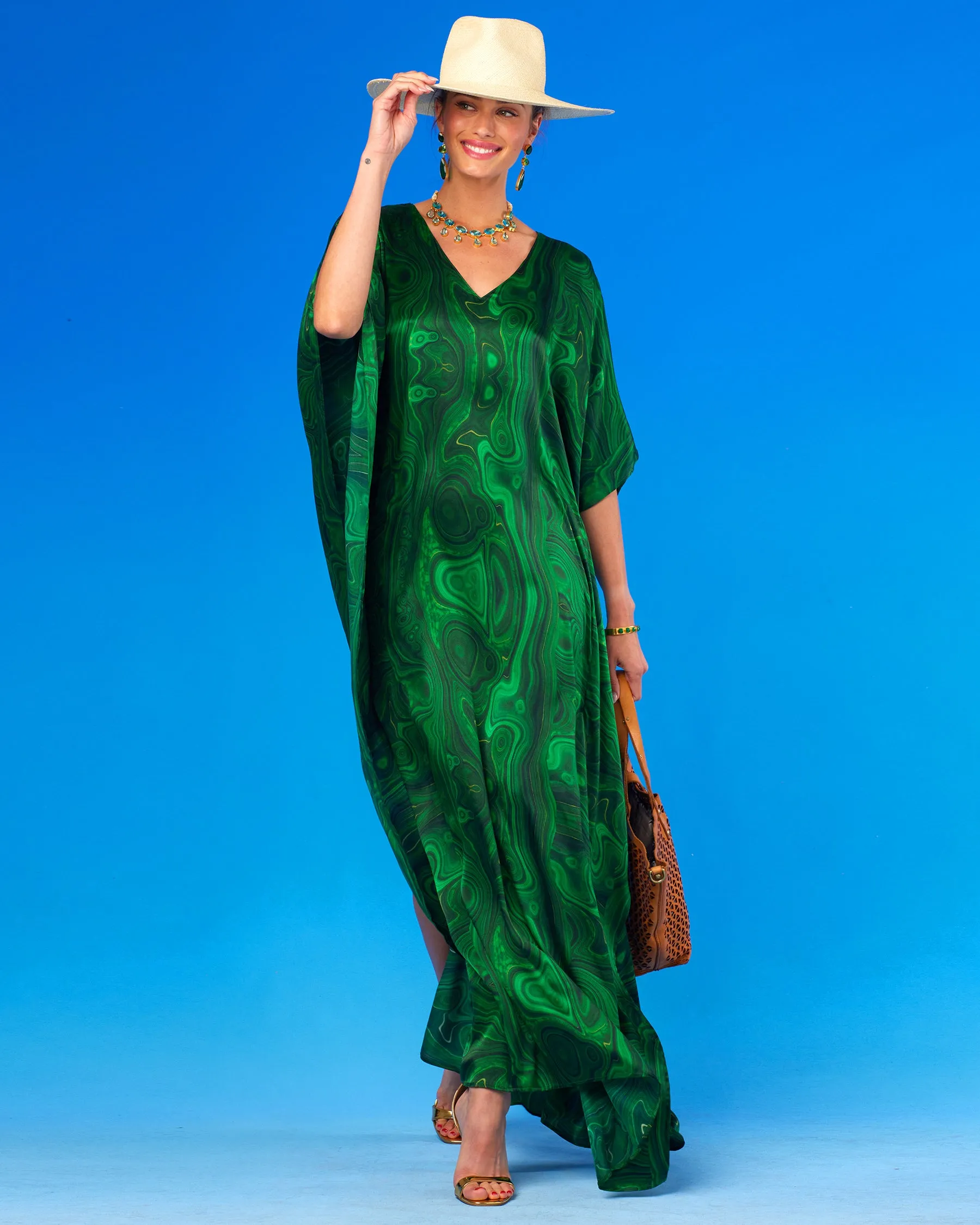 Esmeralda Silk Kaftan in Precious Malachite