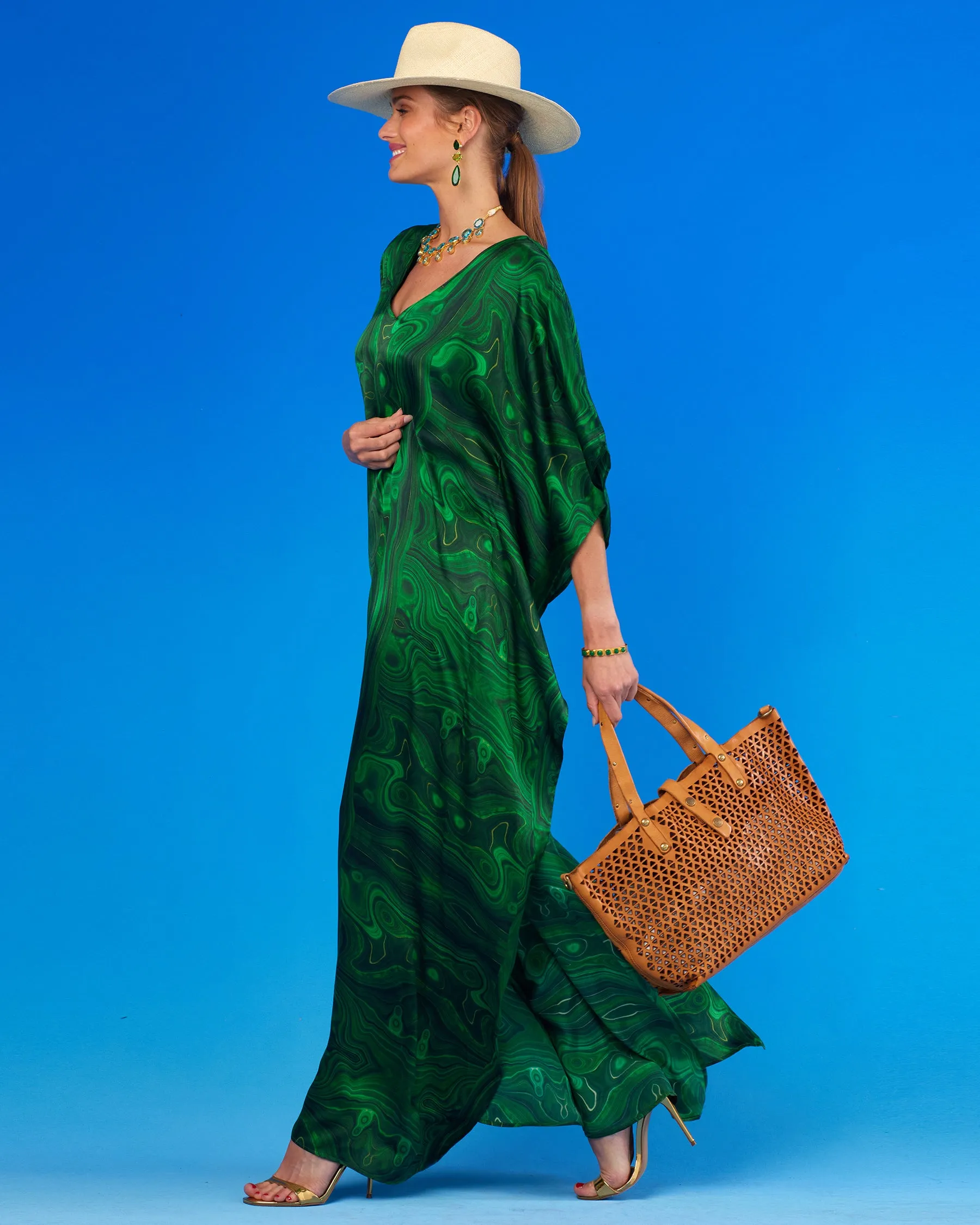 Esmeralda Silk Kaftan in Precious Malachite