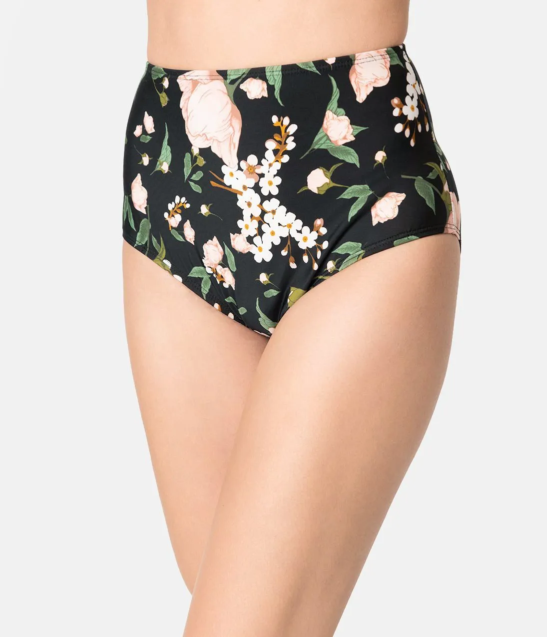 Esther Williams Vintage Style Black & Pink Blossom Floral High Waist Swim Bottom