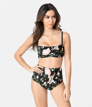 Esther Williams Vintage Style Black & Pink Blossom Floral High Waist Swim Bottom