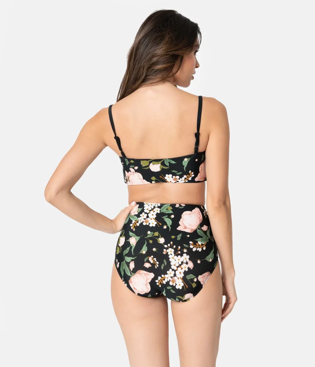 Esther Williams Vintage Style Black & Pink Blossom Floral High Waist Swim Bottom